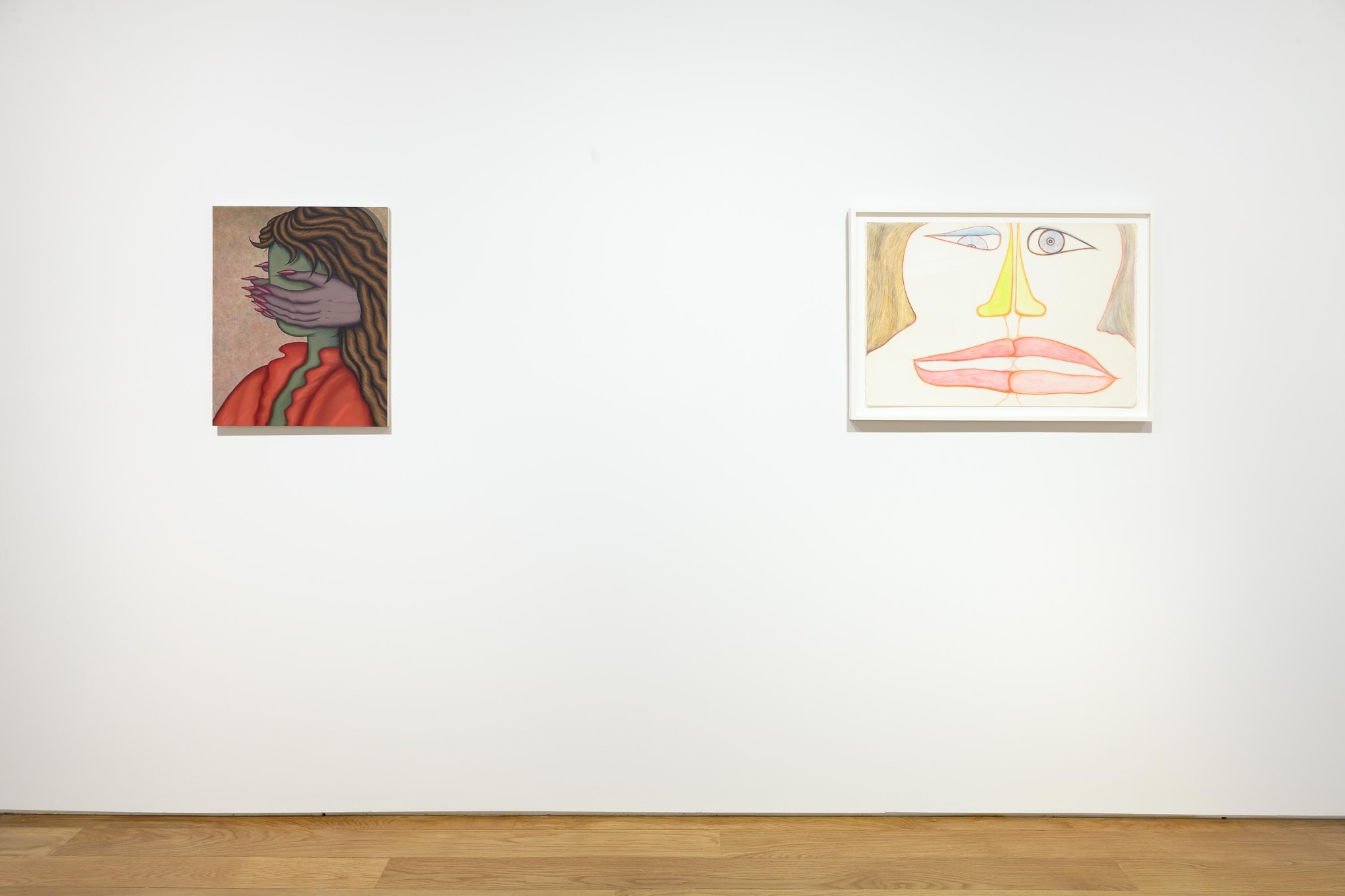 Installation view of 10 Exhibition, displaying works from Julie Curtiss and Huguette Caland.