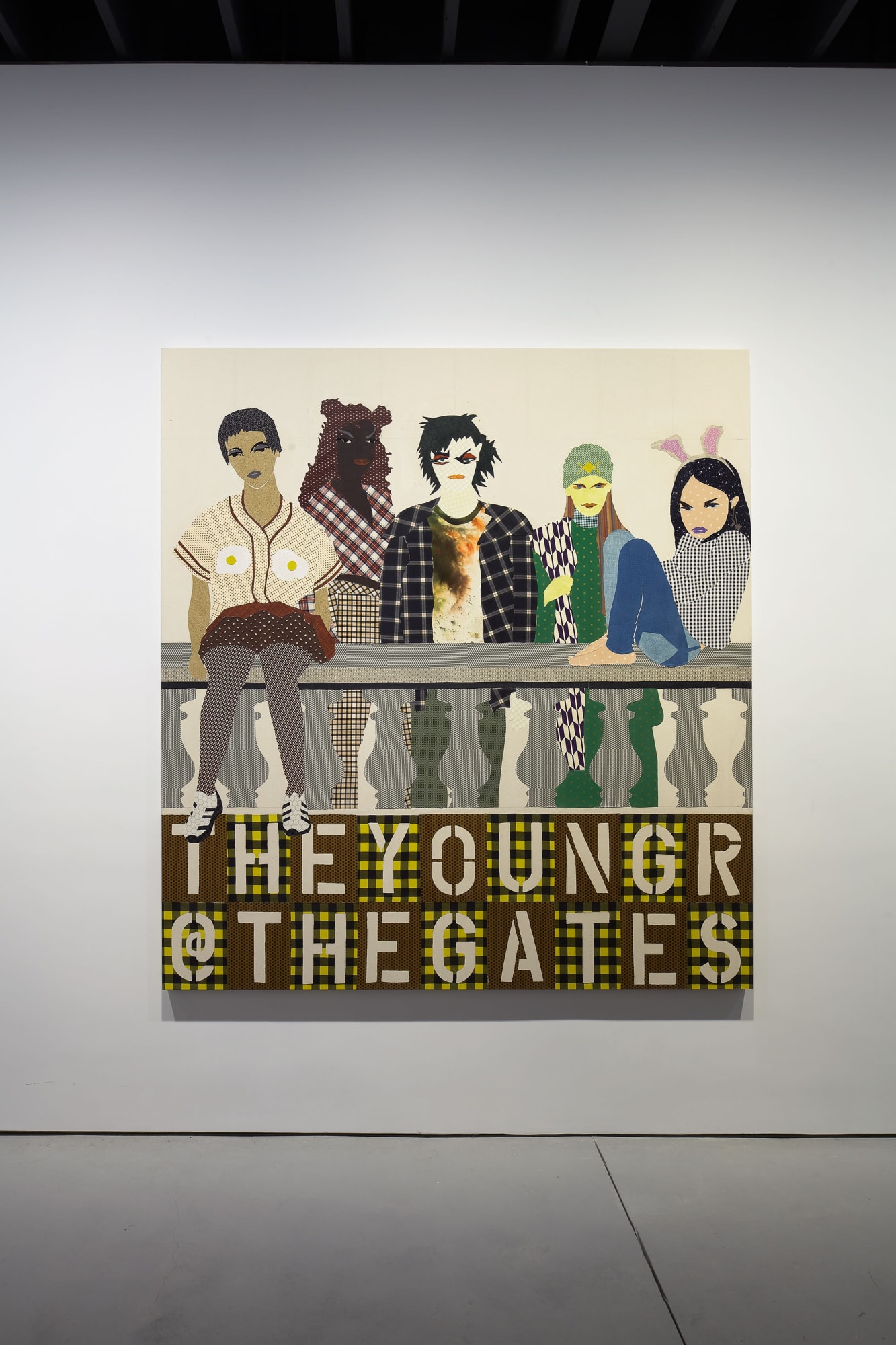 Installation view of Lara Schnitger's show Too Nice Too Long. The Young are at the Gates, a fabric piece, featured here.