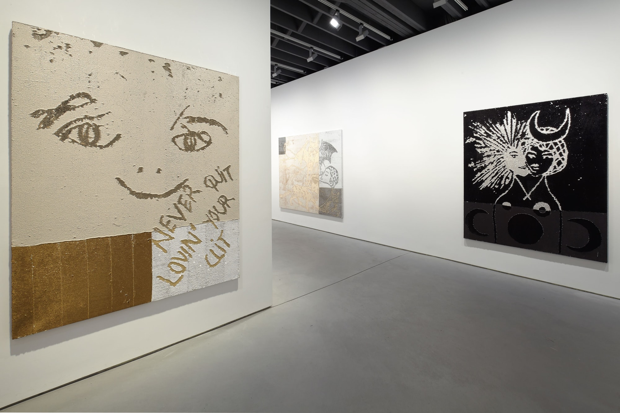 Installation view of Lara Schnitger's show Too Nice Too Long. More fabric works.