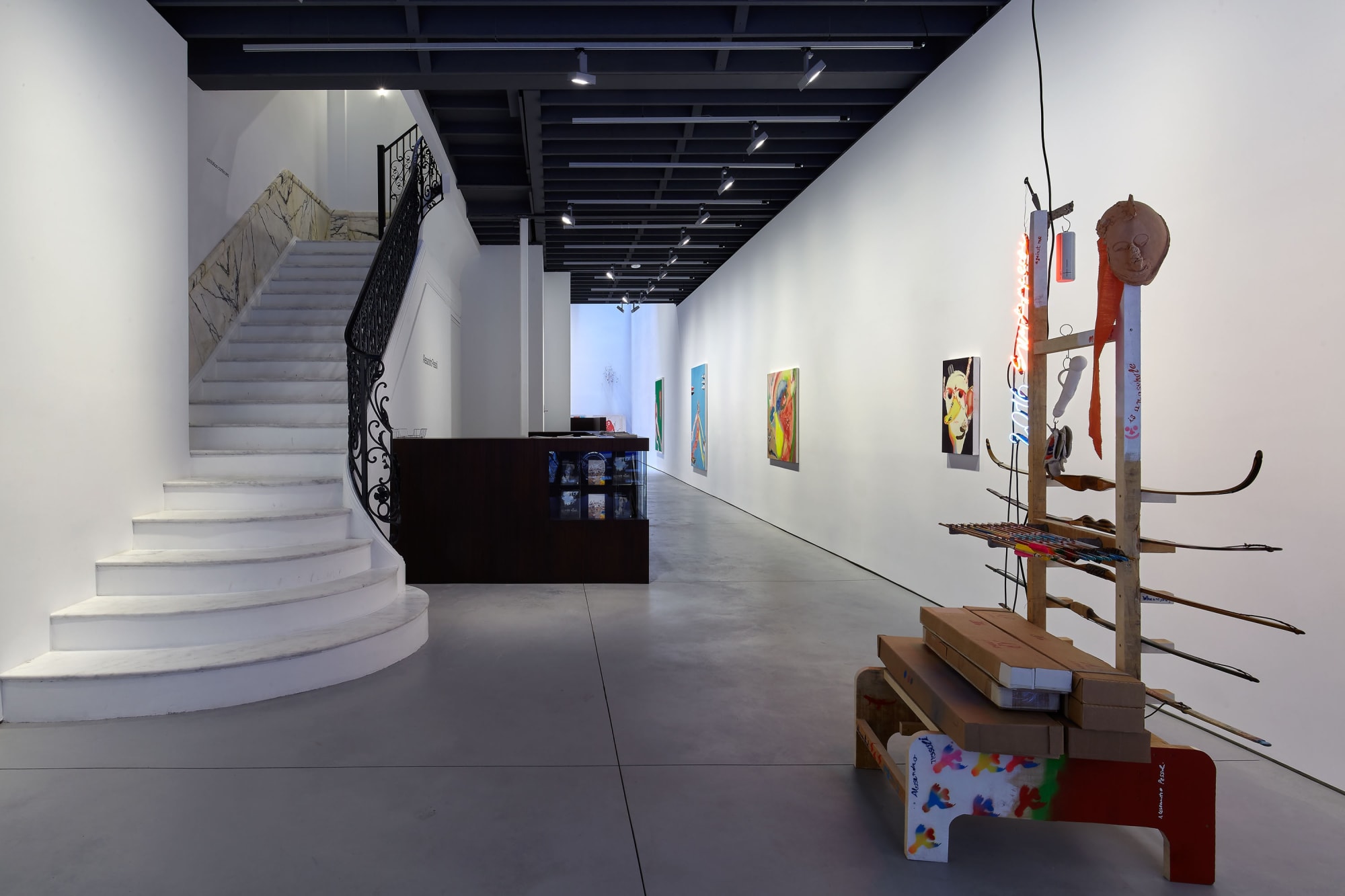 Installation view of Alessandro Pessoli's show Against Me. First floor view of multiple works.