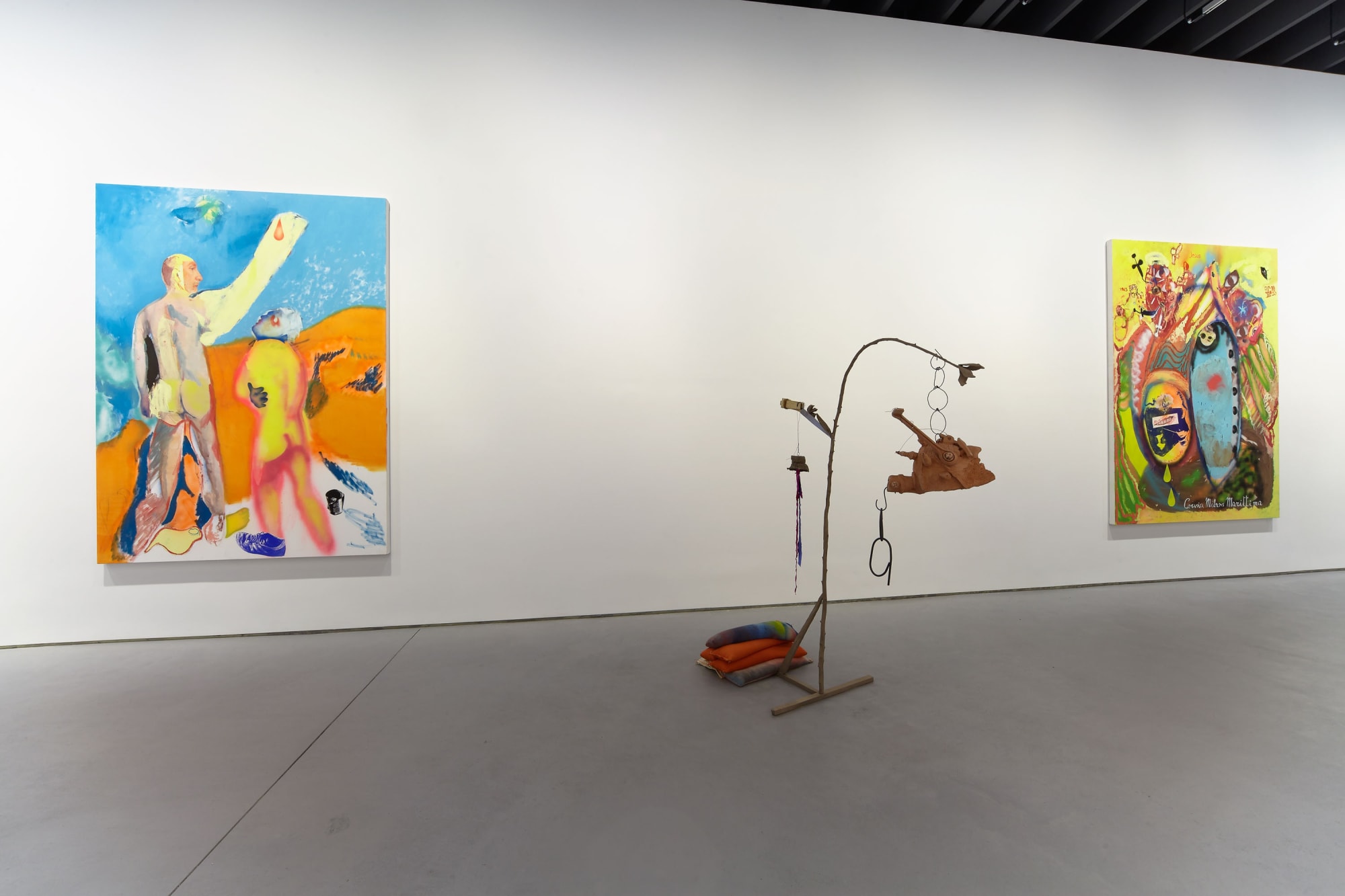 Installation view of Alessandro Pessoli's show Against Me. Cast bronze sculpture and painted work.