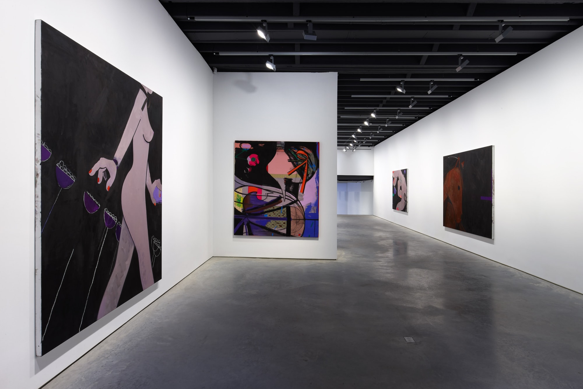 Installation view of Ellen Berkenblit's solo show. Multiple works on the second floor.