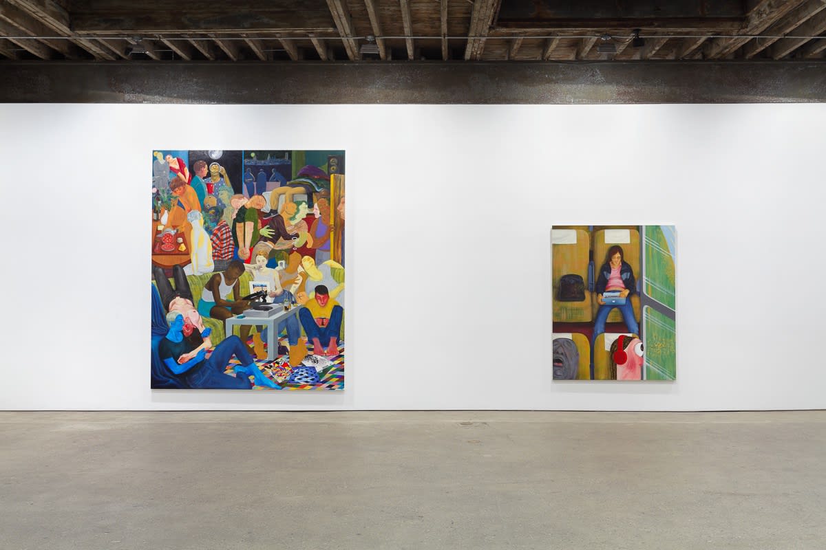 Installation view of Nicole Eisenman solo show. Another Green World and Weeks on the Train featured.