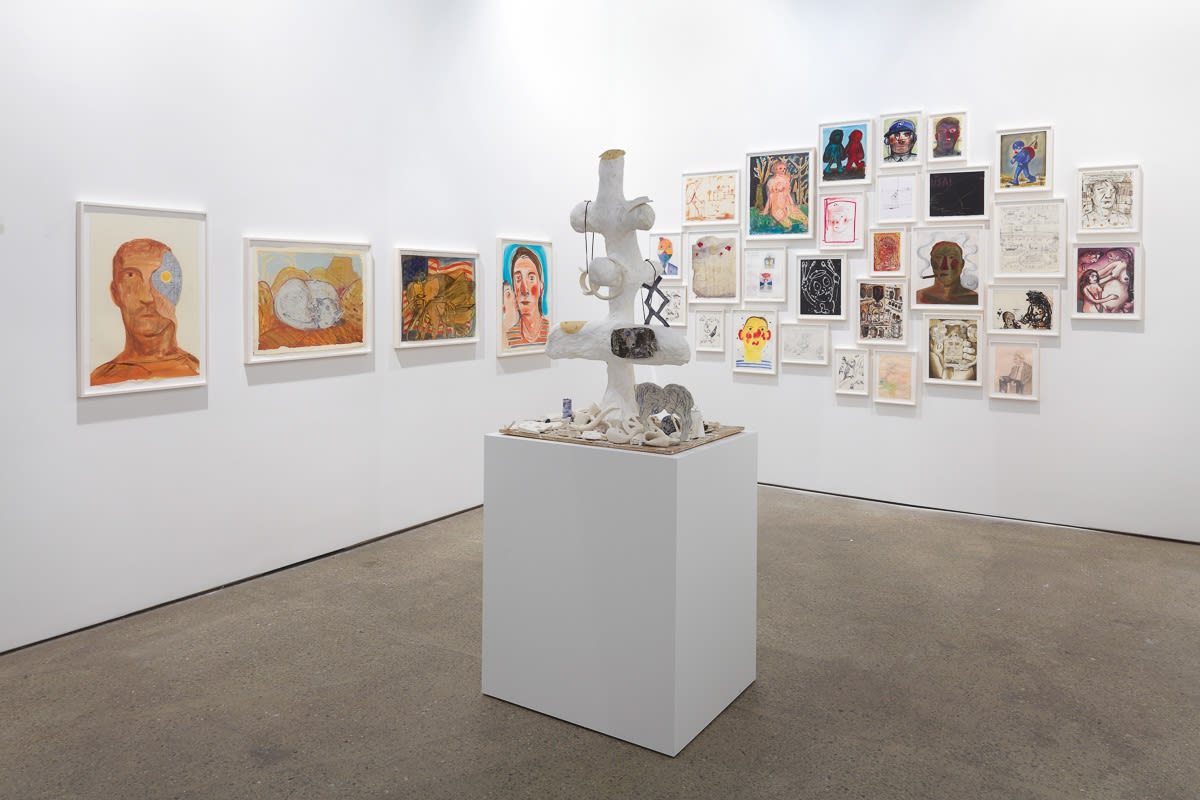 Installation view of Nicole Eisenman solo show. View of back gallery.