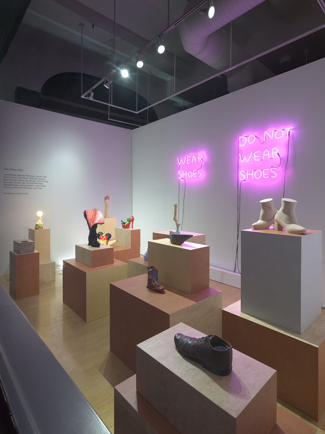 Installation view of the Shoo Sho, featuring many works with Shrigley shedding light via his neon work,