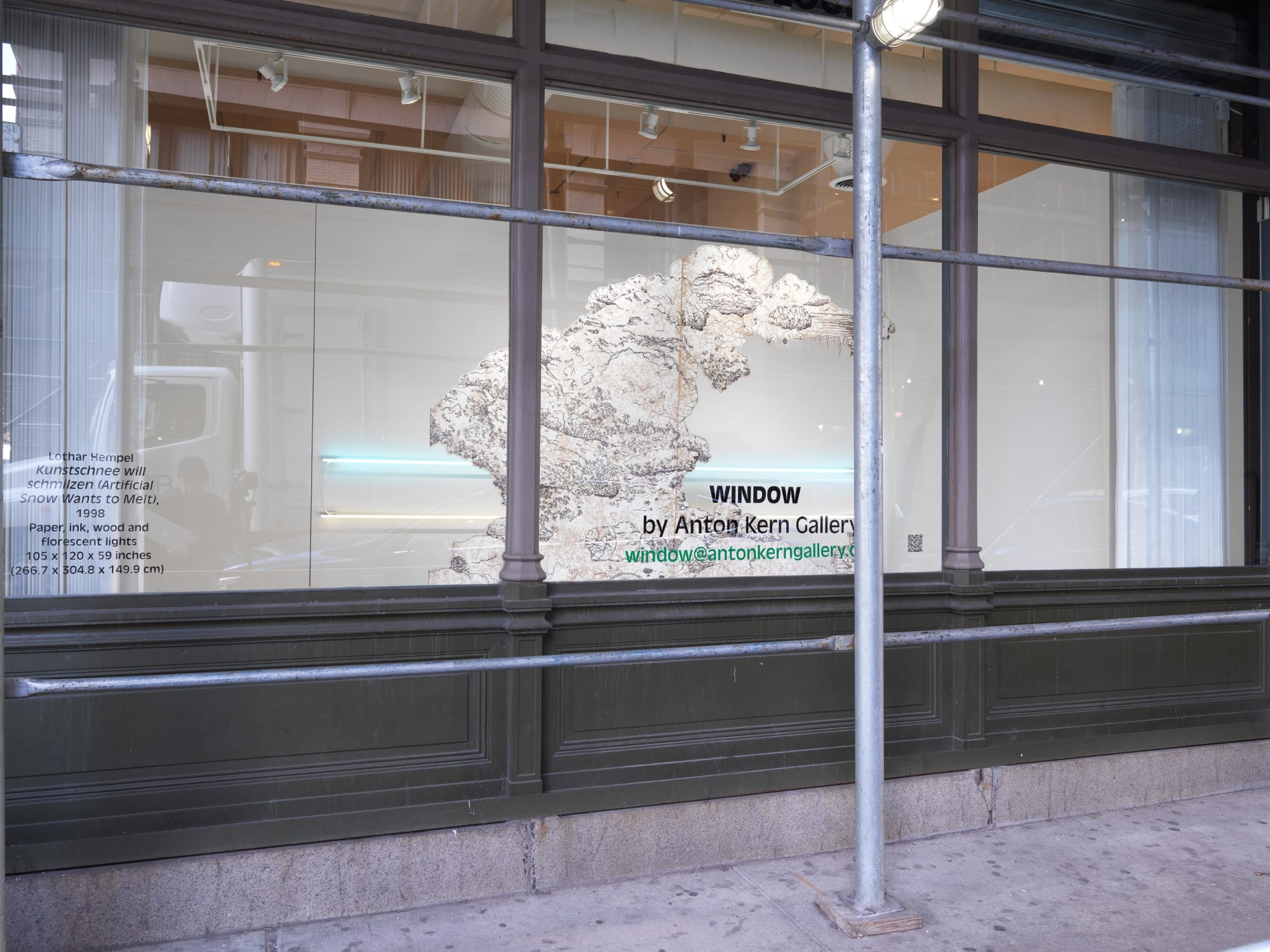 Installation view of Lothar Hempel's WINDOW show. View from the street.