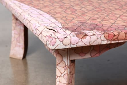 AONO FUMIAKI, MENDING, SUBSTITUTION, CONSOLIDATION, INCURSION, “Tables Covered with Floor Materials from Houses Destroyed in the Great East Japan Earthquake and Tsunami” 2012