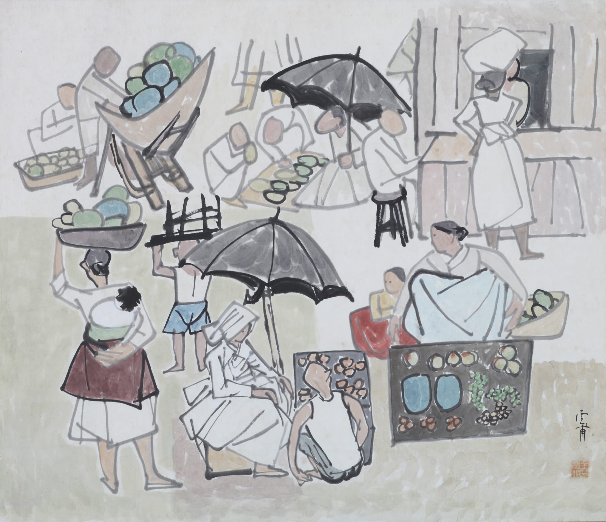 운보 김기창 Unbo Kim Ki Chang 노점 Street Stalls 1953-1955 Ink and color on paper 57 x 66 cm ©(재)운보문화재단