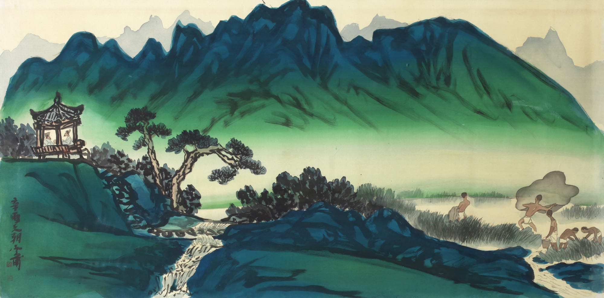 운보 김기창 Unbo Kim Ki Chang 청산호반 靑山湖畔 Blue Mountains and Lakeshore 1981 Ink and color on silk 69 x 139.8 cm ©(재)운보문화재단