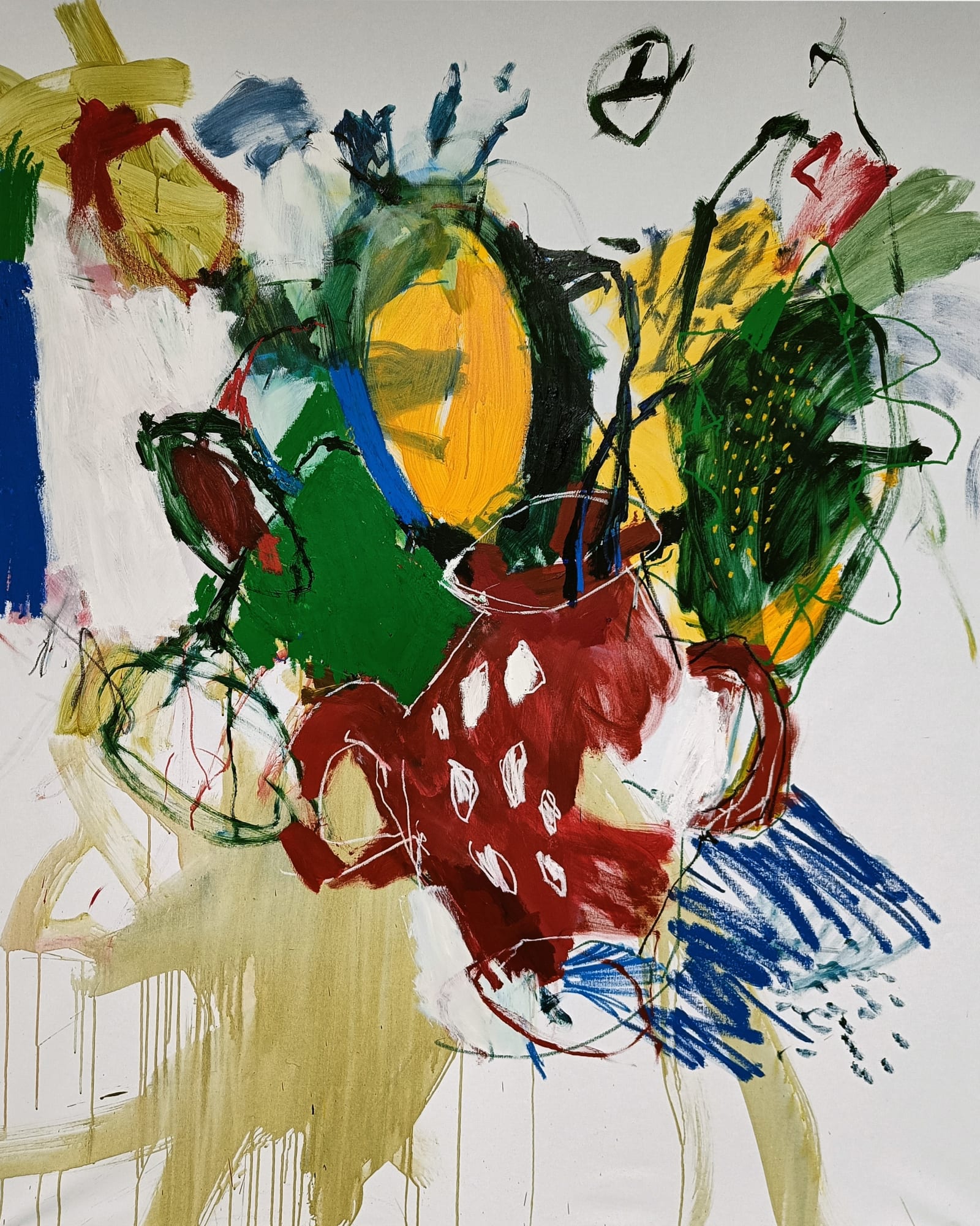 LUIS OLASO Composition for a ceramic vase with sunflowers, 2023 Oil, acrylic, oil bar and oil pastel on canvas 78 3/4 x 63 in 200 x 160 cm