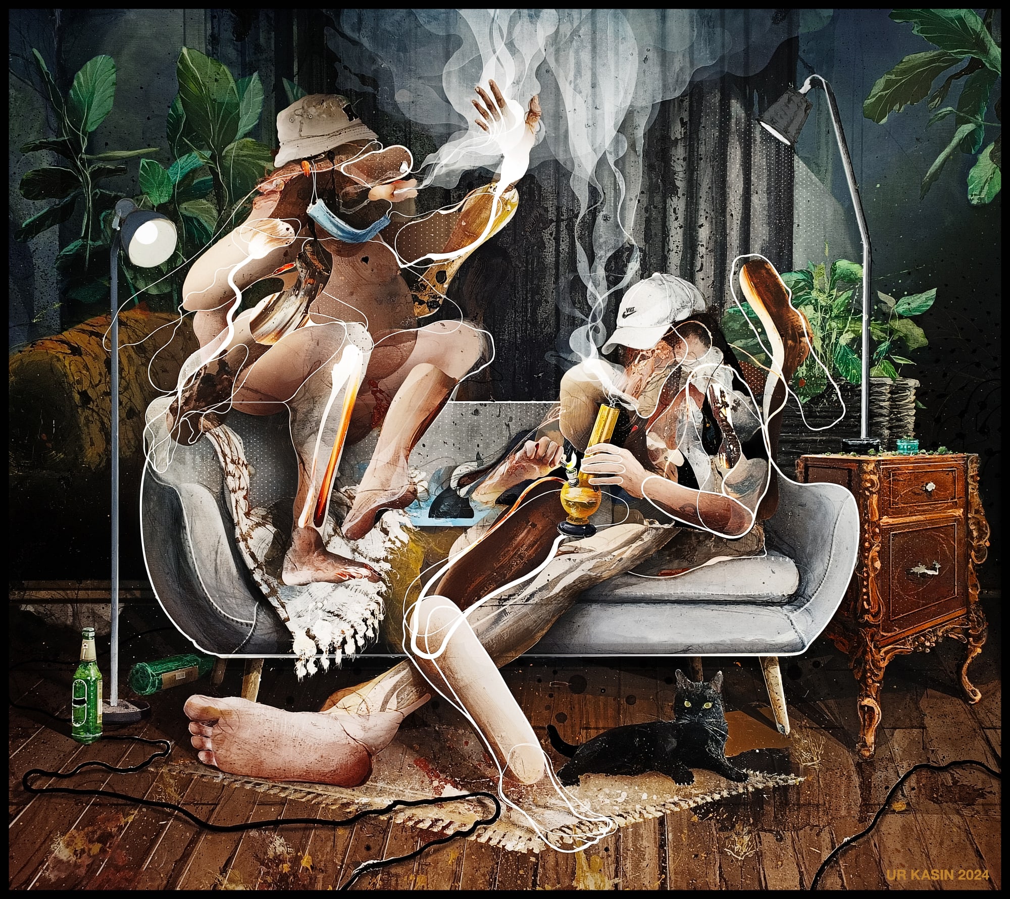 Ur Kasin, Hangout Scene, 2024, Oil on canvas, 98 3/8 x 110 1/4 in, 250 x 280 cm