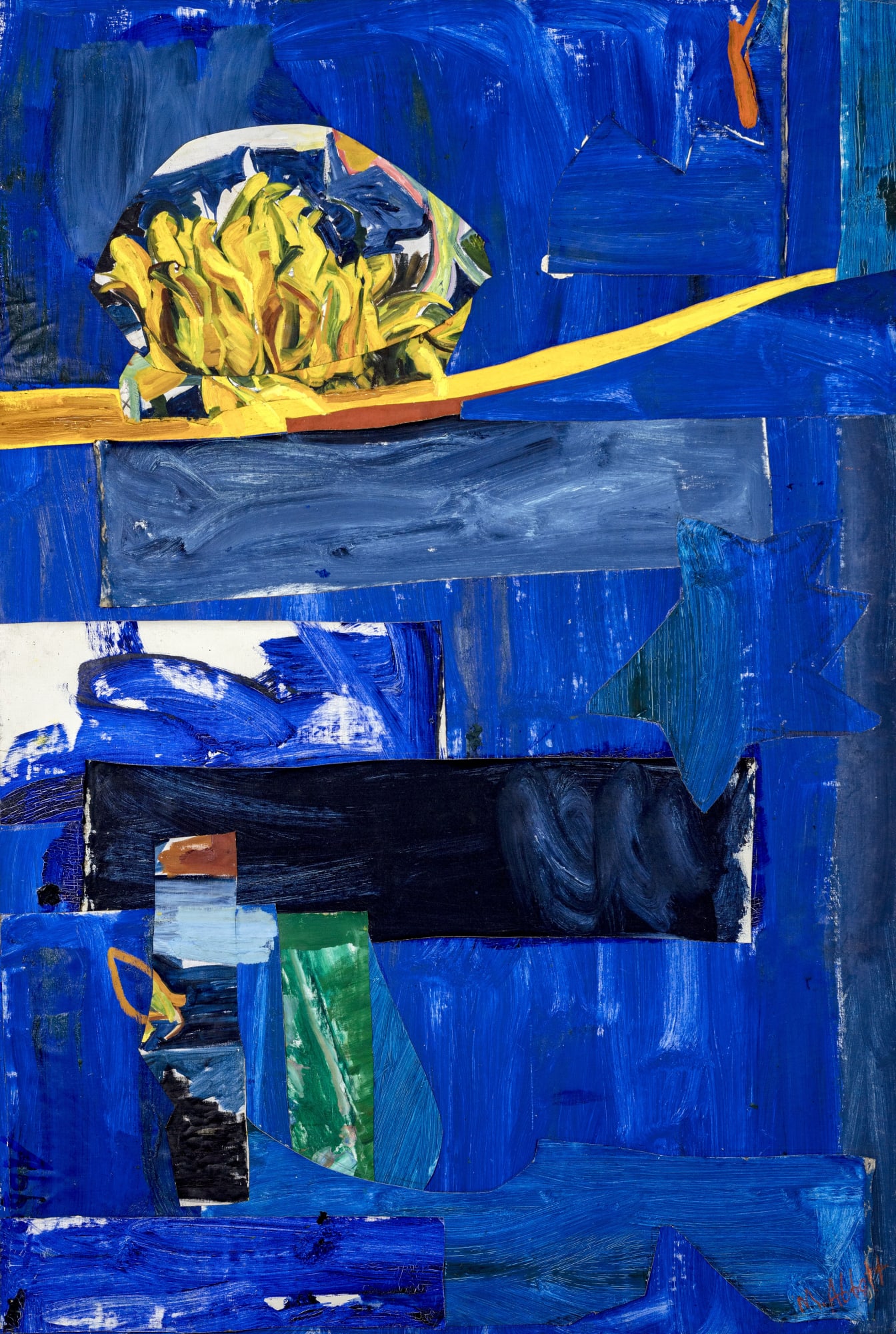 Mary Abbott (1921-2019) Untitled, c. 1958 Signed twice at lower right for vertical or horizontal orientation: M. Abbott; Abbott Oil on canvas and collage 86&frac34; x 57⅝ inches 220.3 x 146.4 cm
