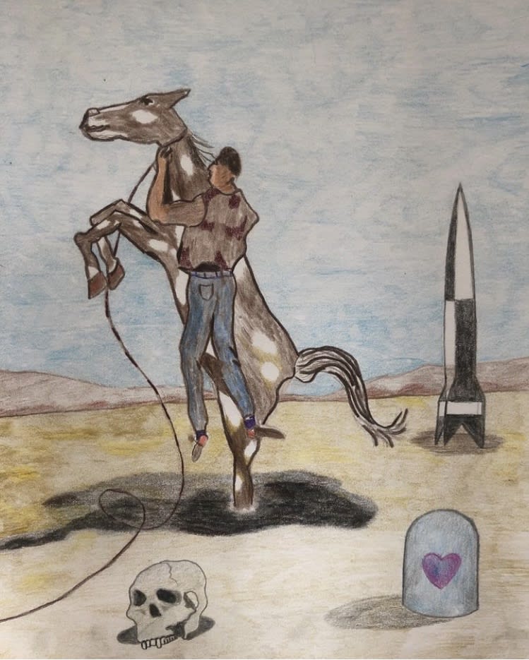 Mark T Duffy Ernst Haas appropriation, V-2, skull, heart, 2021 Colored pencil on paper 12 x 9 inches (30.48 x 22.86 cm)