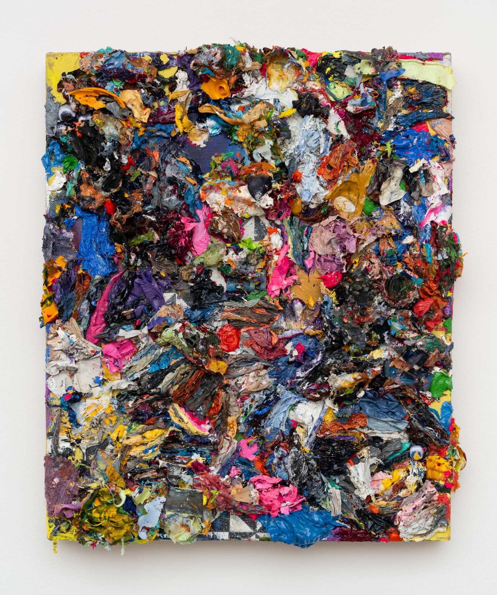 Michael Hall Gobbledygook (July 2023 - January 2024), 2024 Oil and acrylic palette scrapings with wax and googly eyes on linen stretched over panel 12 x 10 inches