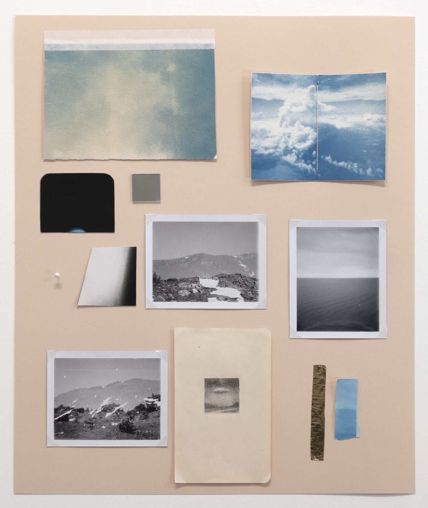 Sean McFarland Collection (index and/or pallette), 2011-2022 Cyanotype, silver gelatin prints, diffusion transfer prints, mirror, string, pin, gold tape, graphite on paper, watercolor 15 ½ x 18 ½ unique