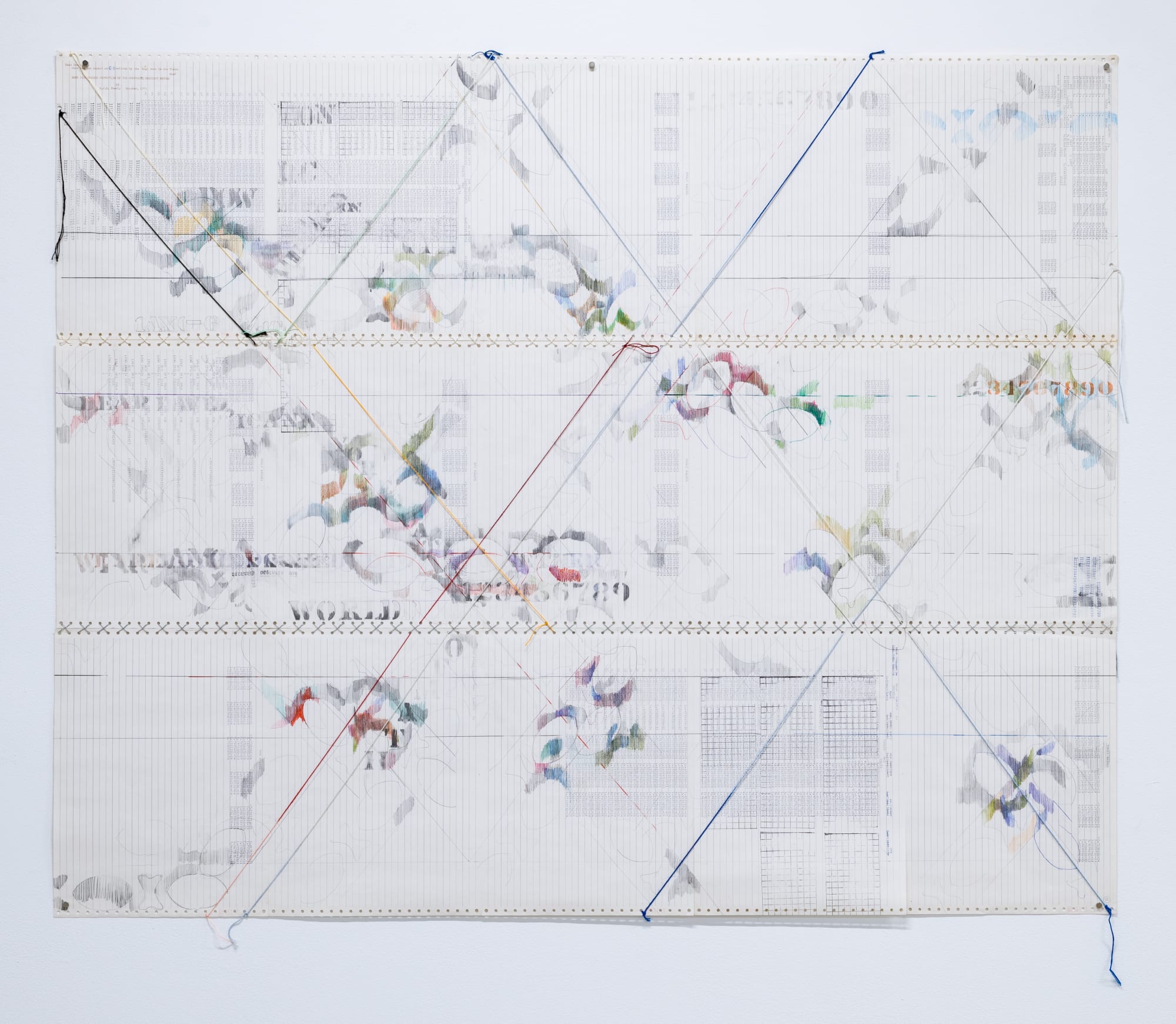 Dear David (#22), 1976 pencil, colored pencil, stamp, colored typewriter and thread on found continuous-feed computer paper 44.5 x 55" [HxW] (113.03 x 139.7 cm)