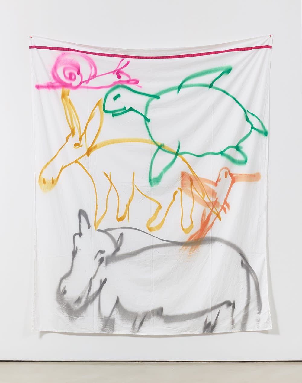 Polly Apfelbaum, Stacked Animals, 2016 bed sheet, ribbon, fabric, spray paint, 104 x 81 in
