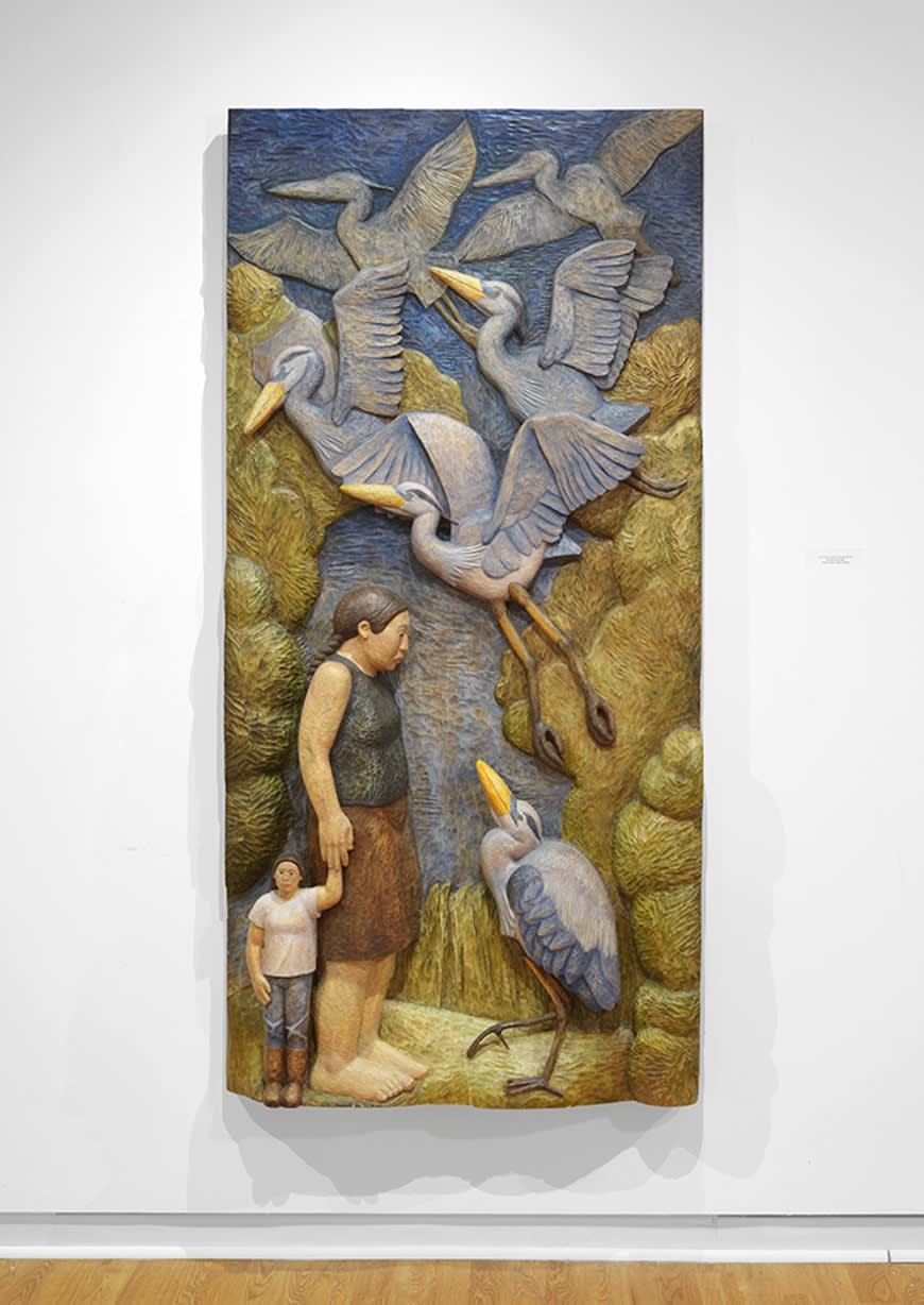 Sachiko Akiyama, Four Corners of the Floating World, 2011 polychromed wood, wood, oil paint, and wire, 69 x 24 x 8 in