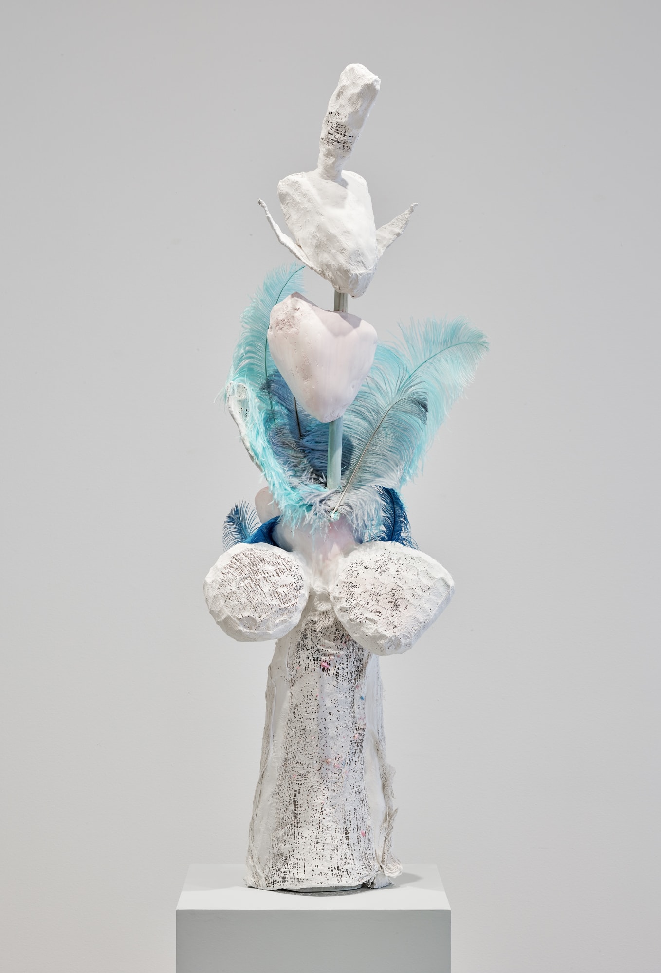 Katrina Moorhead, tree full of love, 2019 Liquistone, acrylic paint, feathers, chicken wire, pine, MDF, 87 x 18 x 18 in