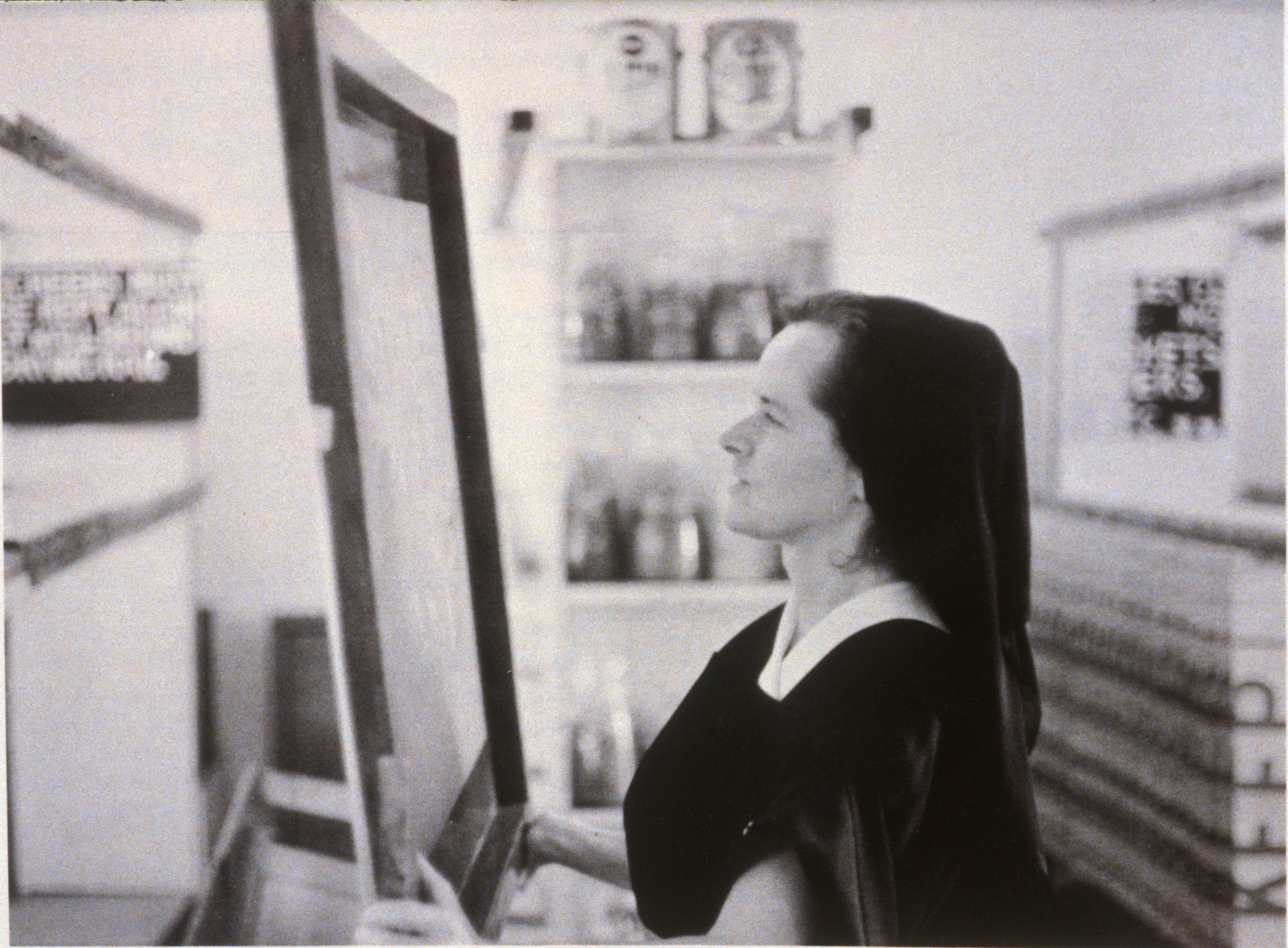 Corita preparing screen, ca. 1967.