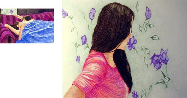 Blurring the Line Between Love and Lust, 2006, Color pencil on paper, diptych, 13 3/4 x 26 5/8 inches