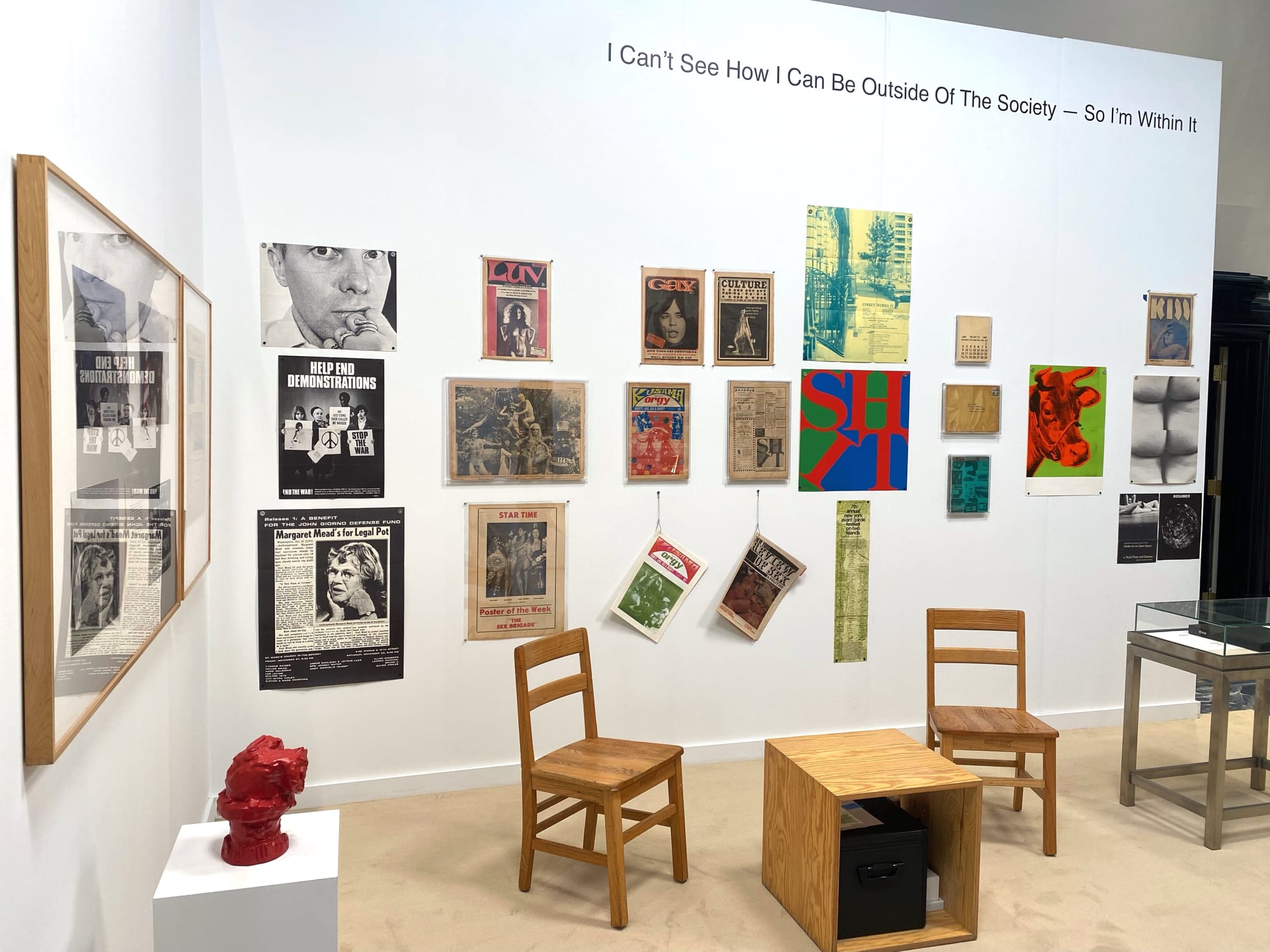 Installation view of many works on paper dating 1969 engaging with the socio-political climate of the time