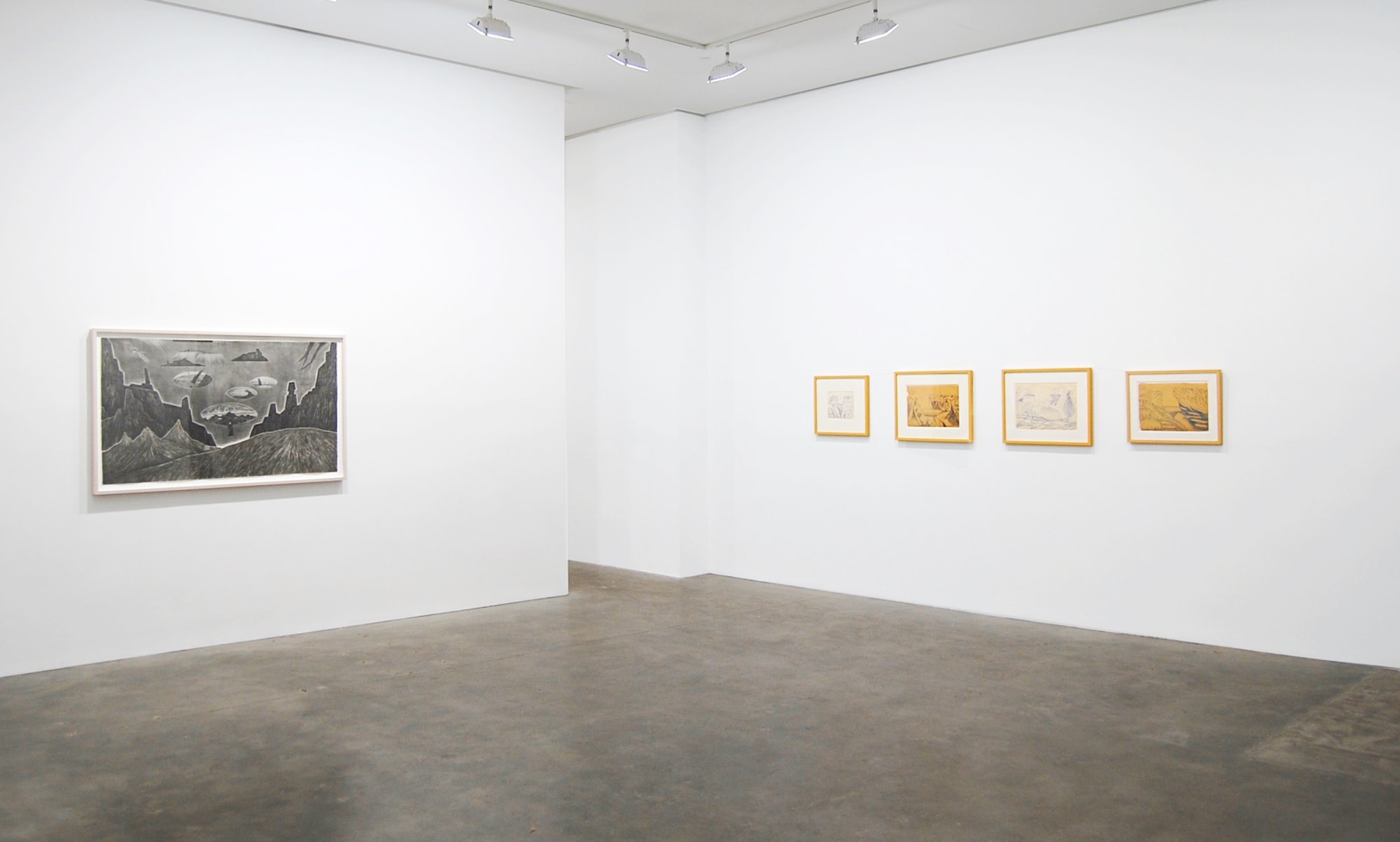 Installation view of five artworks in "Joseph Yoakum + Robyn O'Neil" exhibition at Susan Inglett Gallery