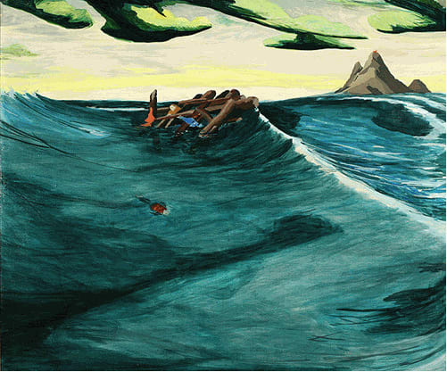 Choppy waterscape with driftwood partially obscured in the water 