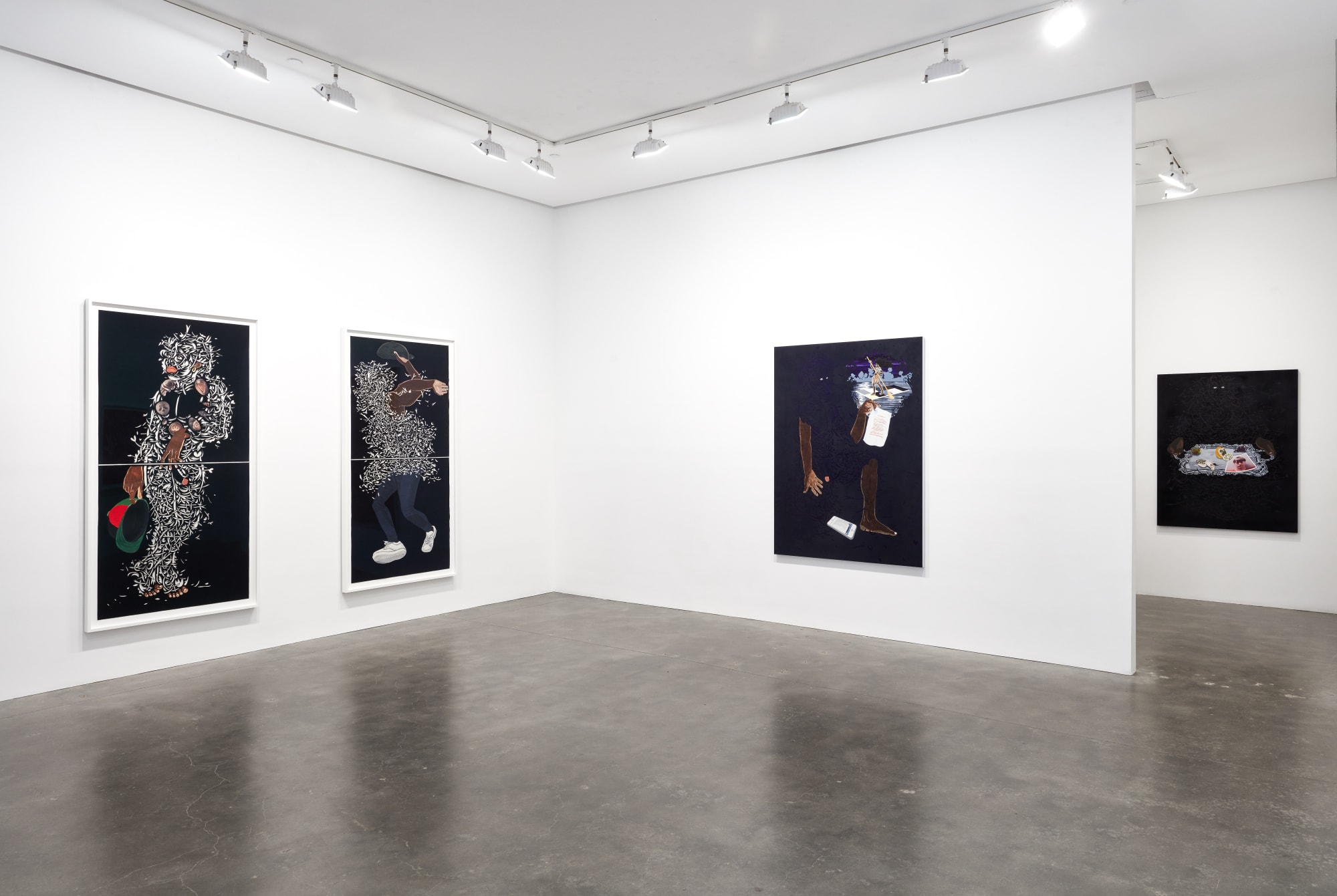 Installation view of four paintings from William Villalongo's "Keep On Pushing" exhibition at Susan Inglett Gallery