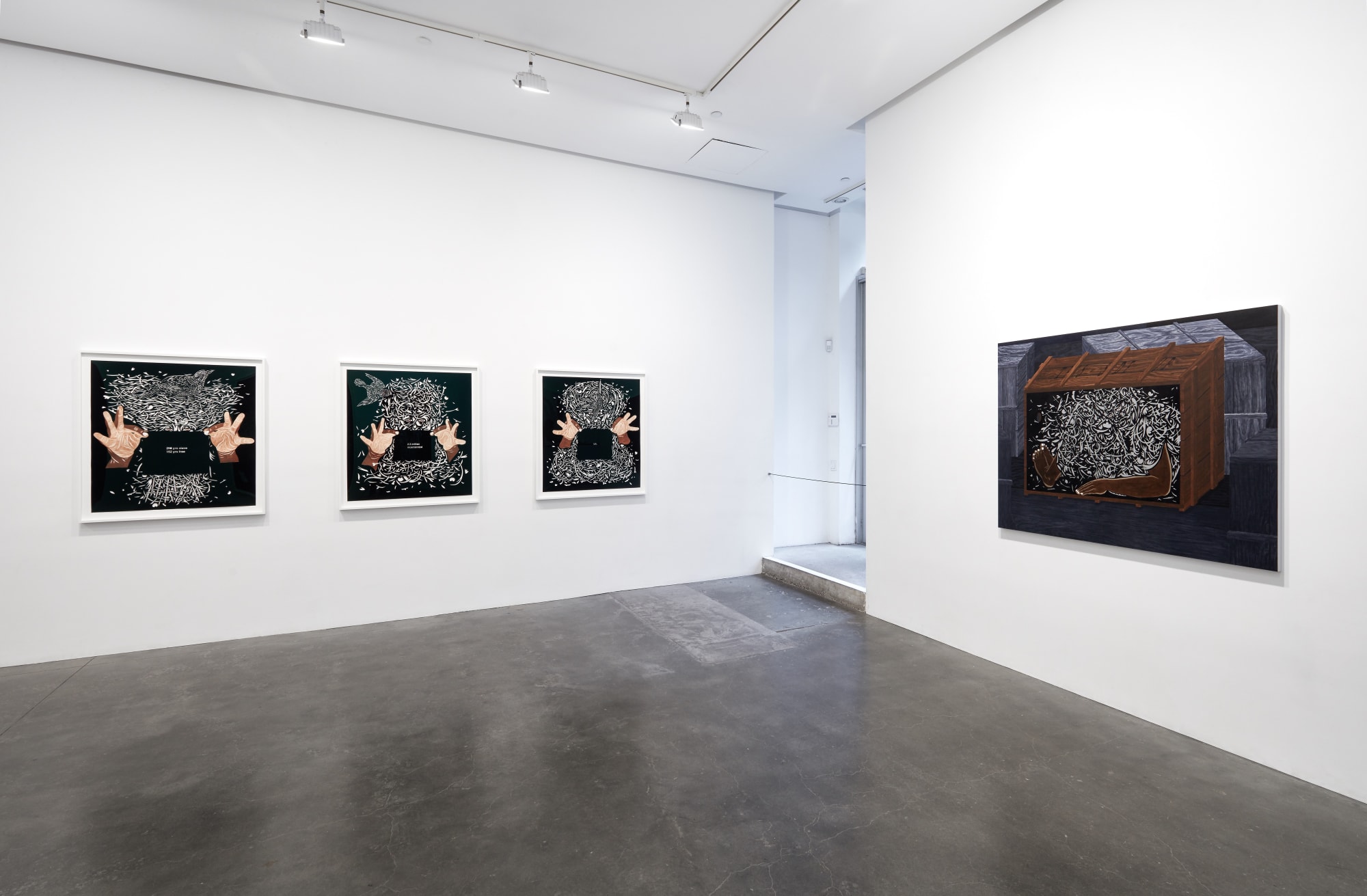 Installation view of four paintings from William Villalongo's "Keep On Pushing" exhibition at Susan Inglett Gallery