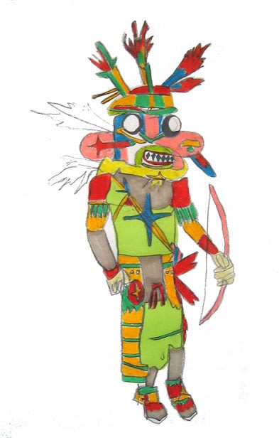 Rendering of a figure in indigenous costume including mask, full dress, and boots