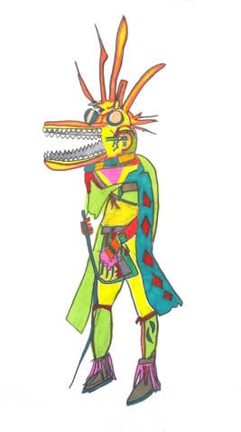 Rendering of a figure in indigenous costume including mask, full dress, and boots