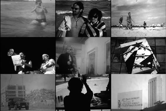 A grid of nine black and white photographs featuring people, buildings, and rubble