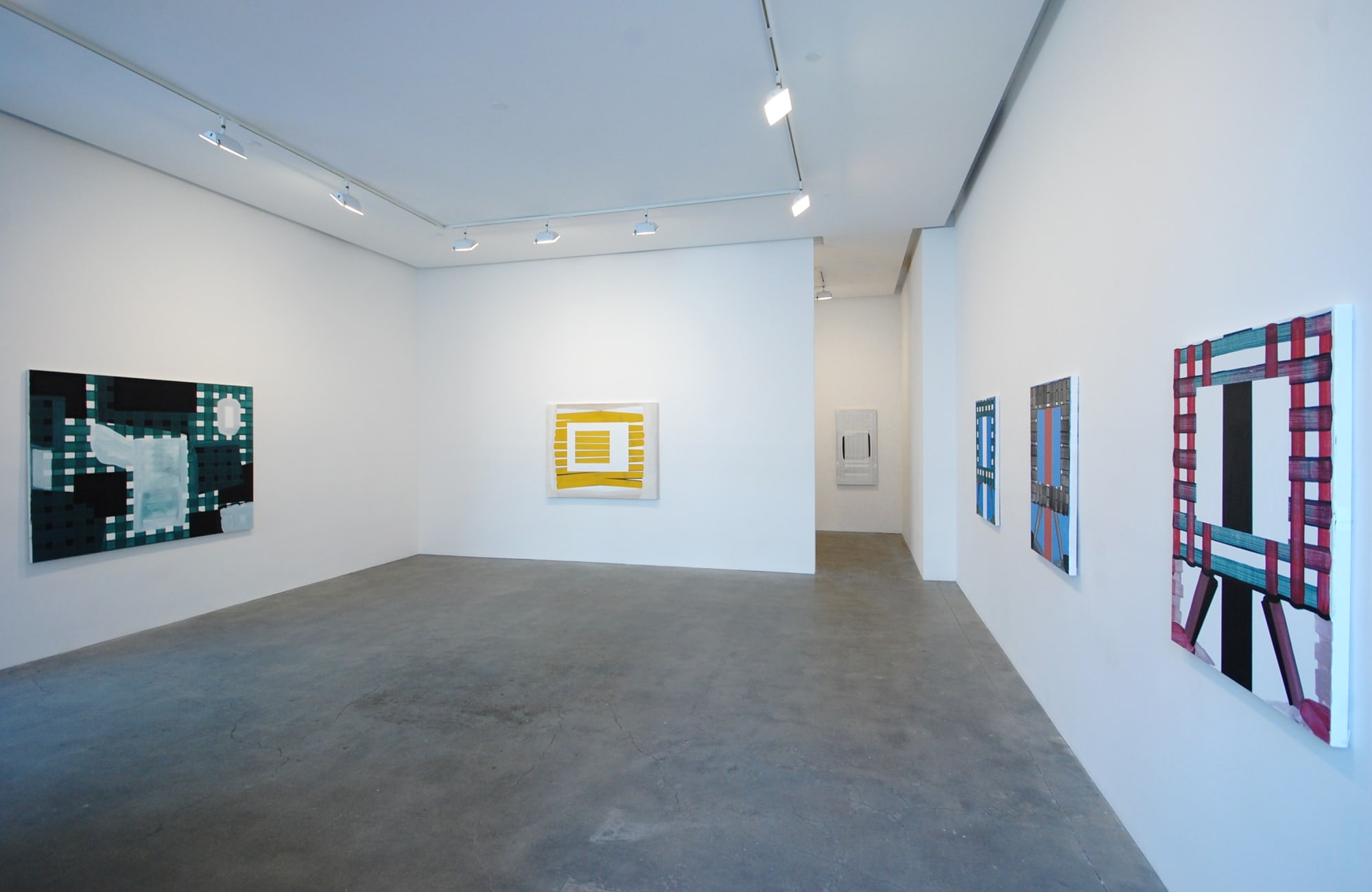 Installation view of six Gary Stephan paintings in an exhibition at Susan Inglett Gallery