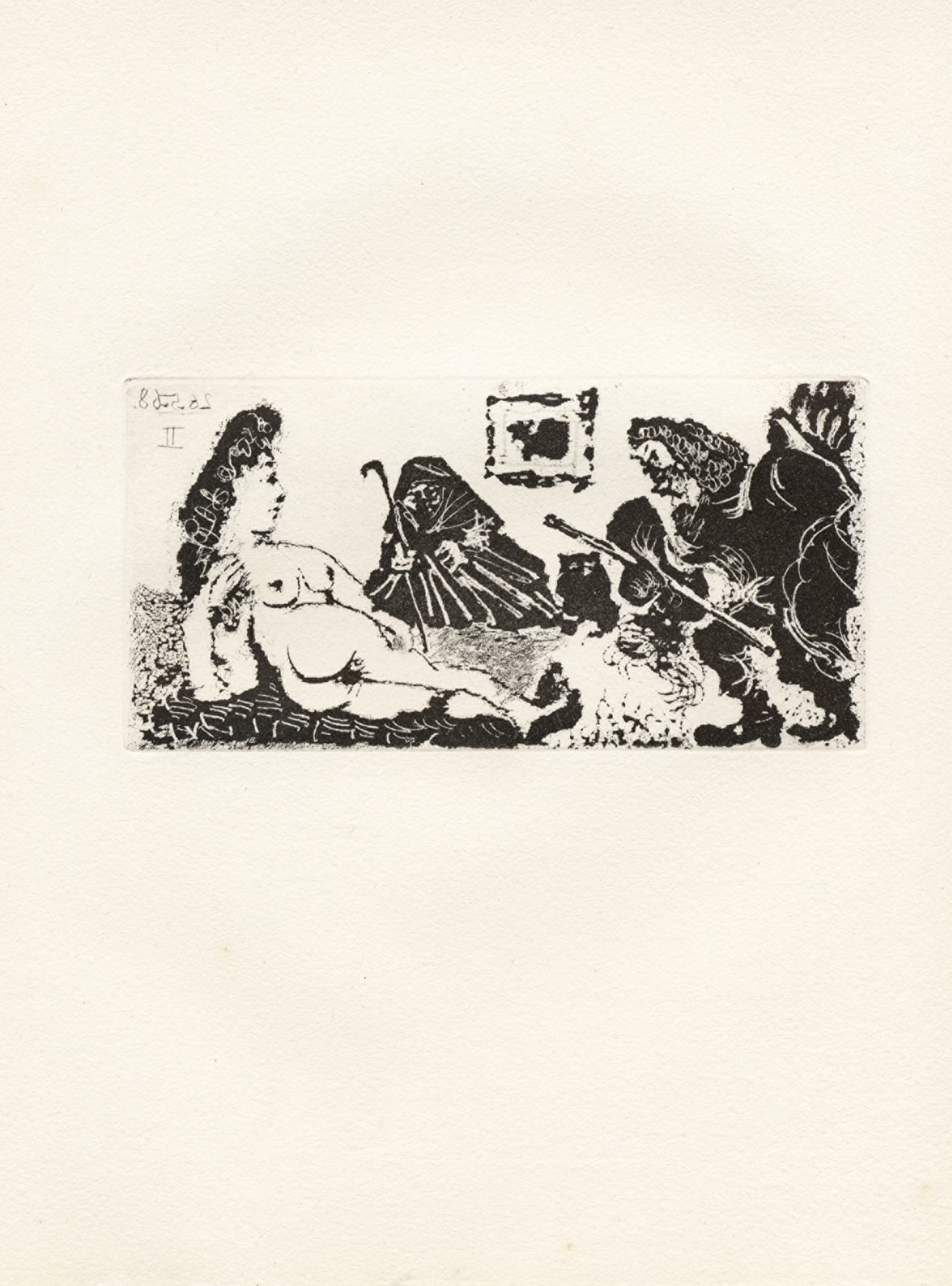 Black and white image of reclining nude woman with hooded figures surrounding her