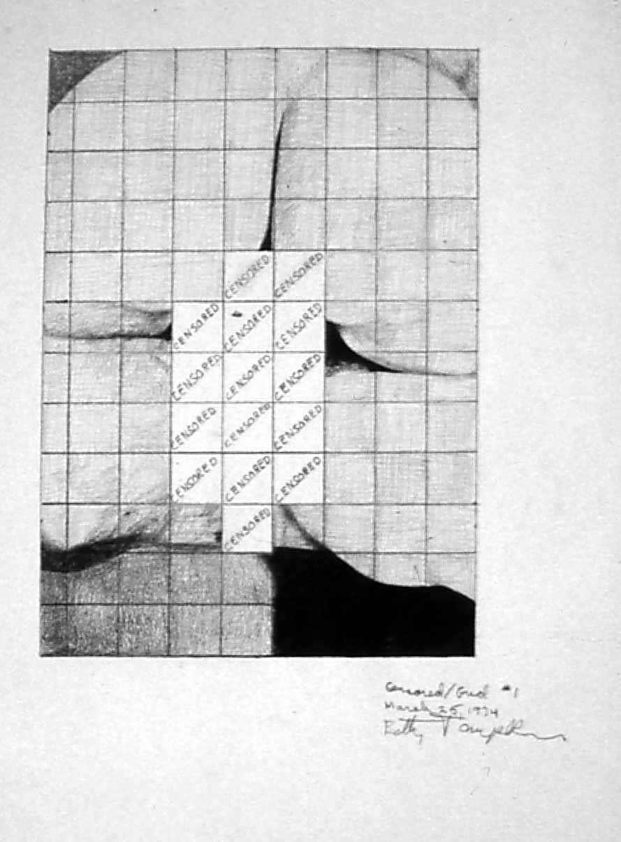 Black and white pornographic drawing censored by the artist 