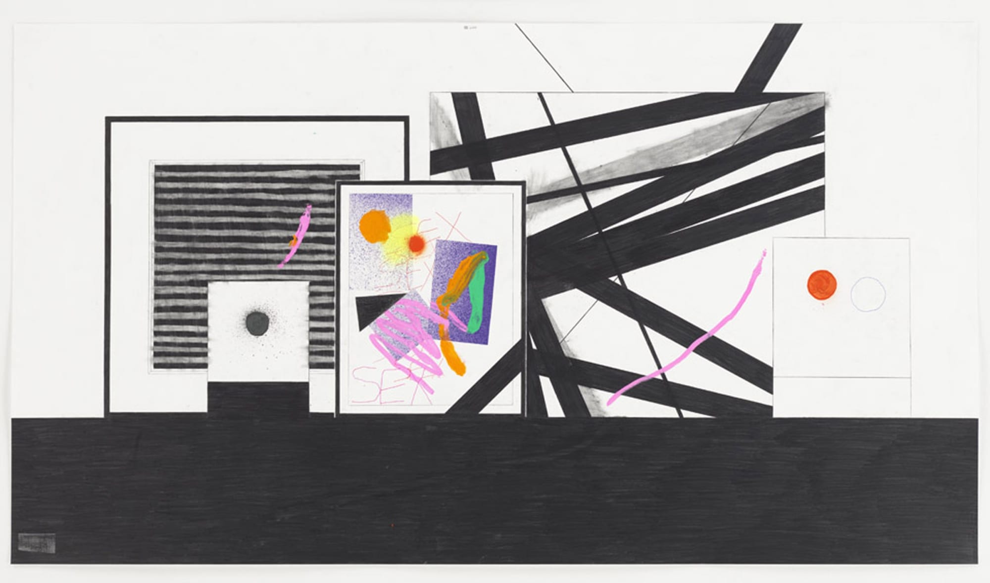 Array of black and white artworks with one colorful work