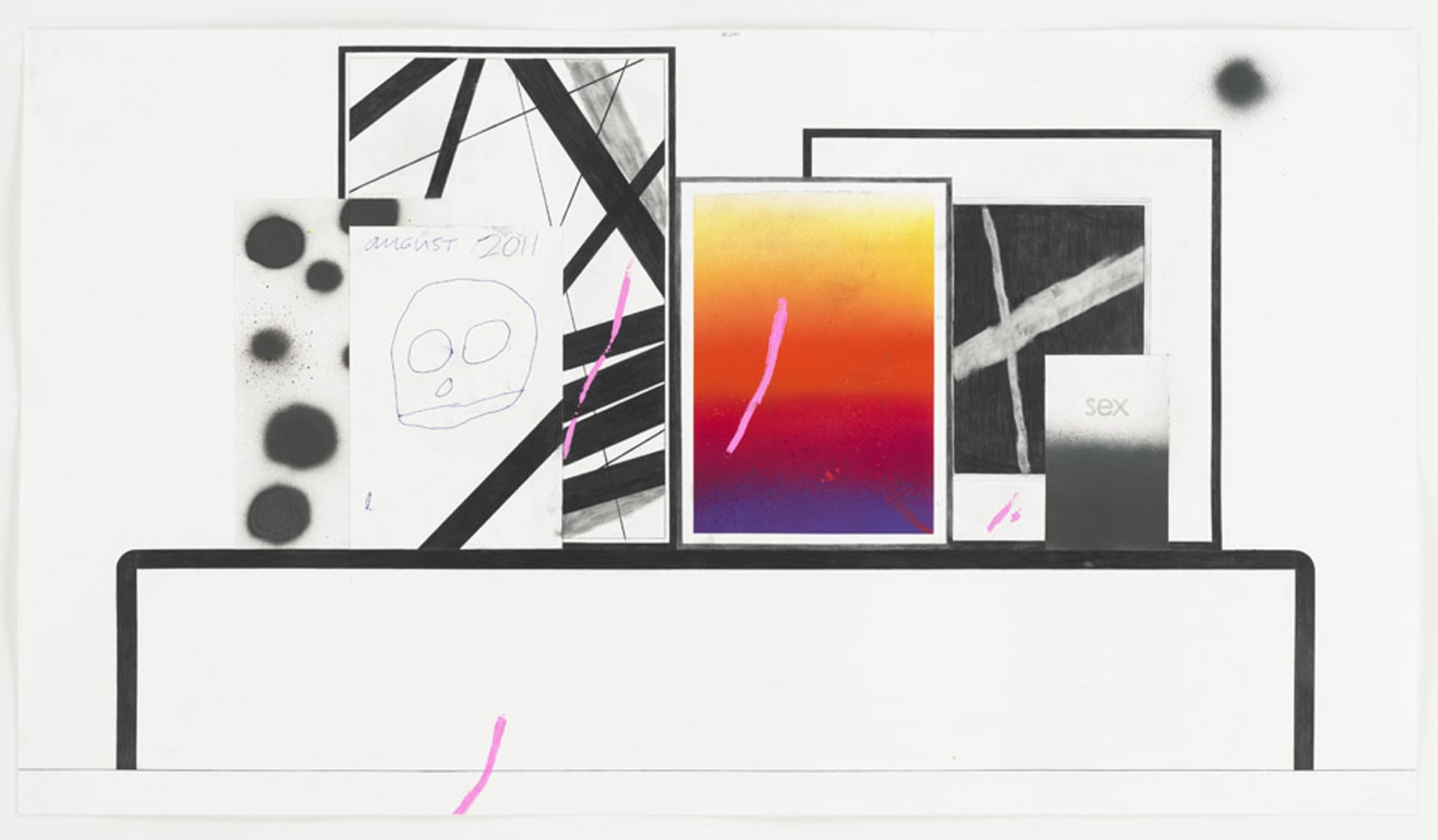 Array of black and white artworks with one colorful work