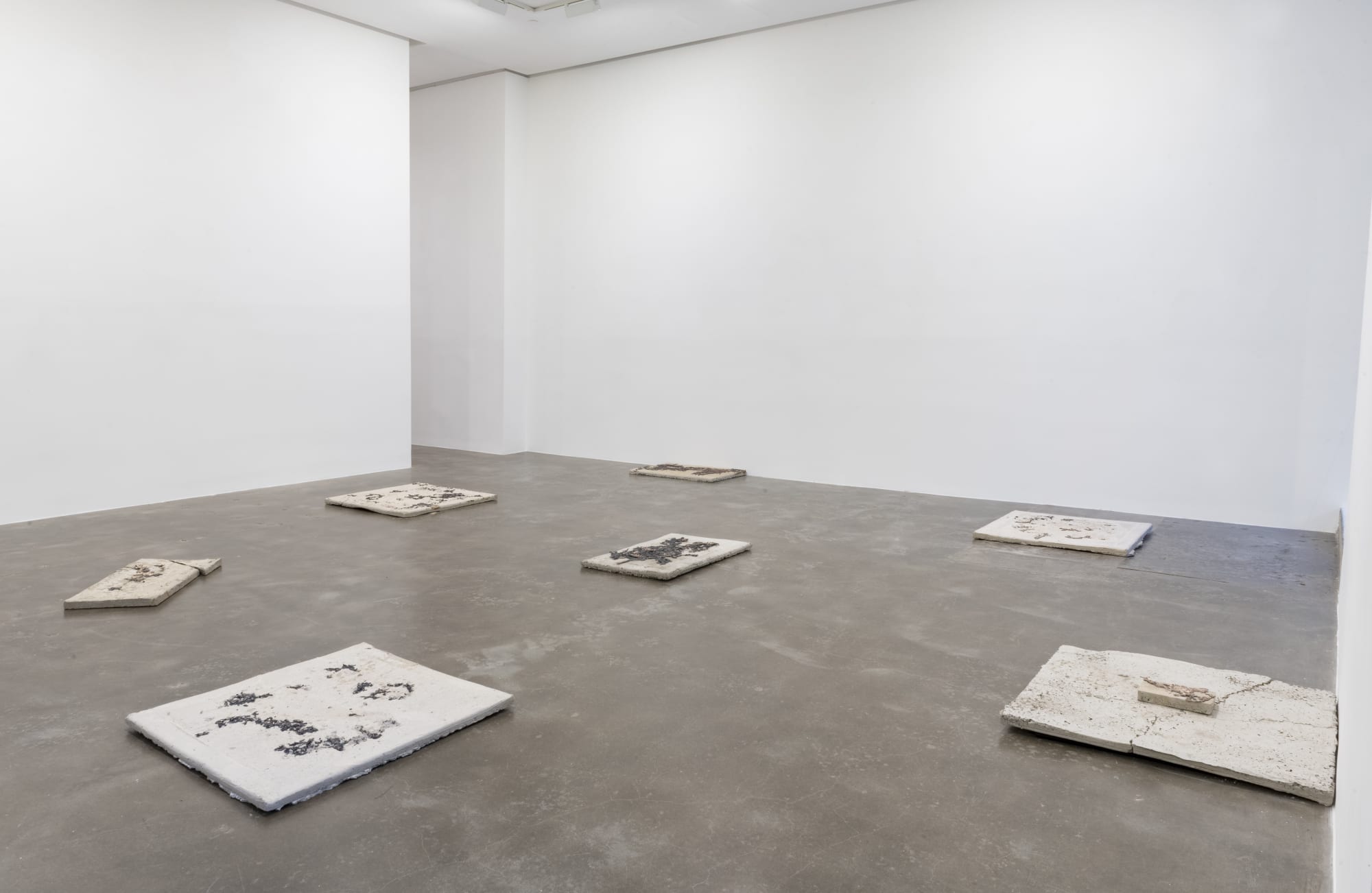 Installation view of eight sculptures on the ground, each sculpture is a slab of cement with poured bronze on top