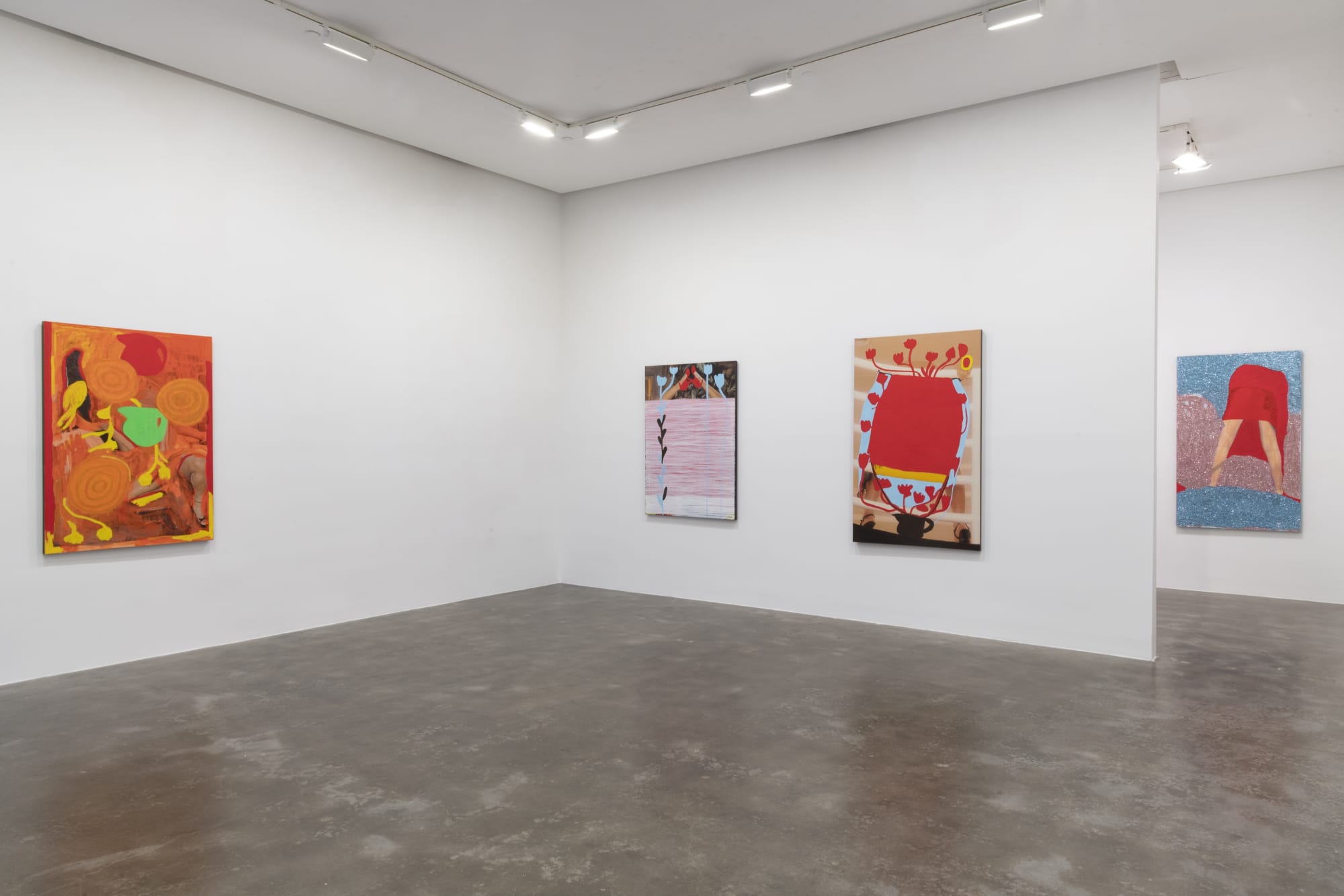 Installation view of four large paintings by Beverly Semmes inside Susan Inglett Gallery