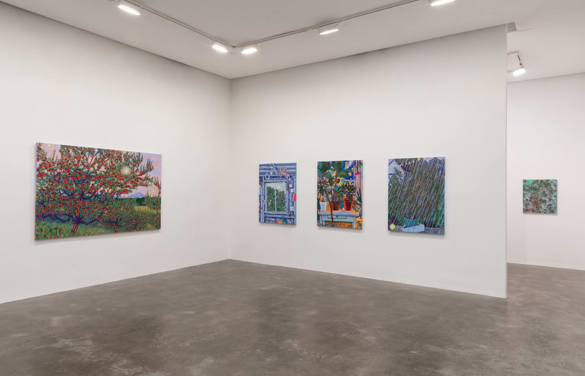 Installation image of five Gangloff paintings of nature
