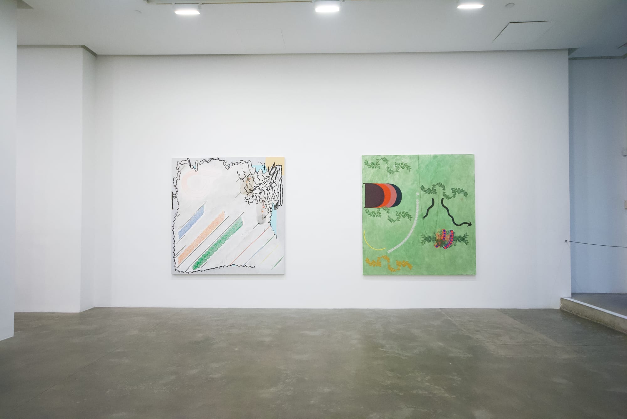 Installation view of two rectangular abstract works by Allison Miller, one gray with calligraphic black lines surrounding a composition of diagonal lines and a pink swirl, the other green with vine-like imagery, repeating D shapes, lace, and black arrows