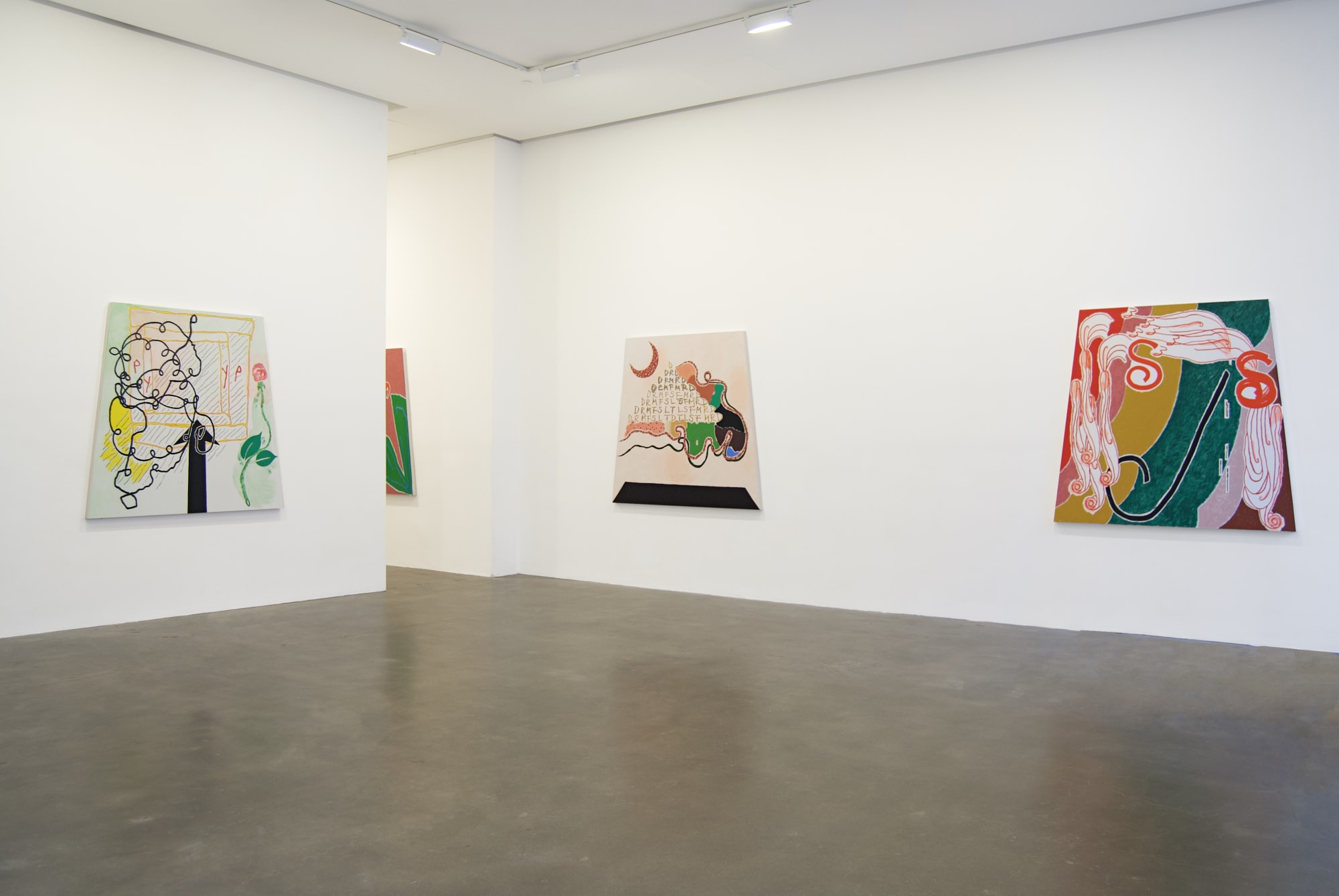 Installation view of Susan Inglett Gallery with three trapezoidal paintings by Allison Miller hanging on the walls