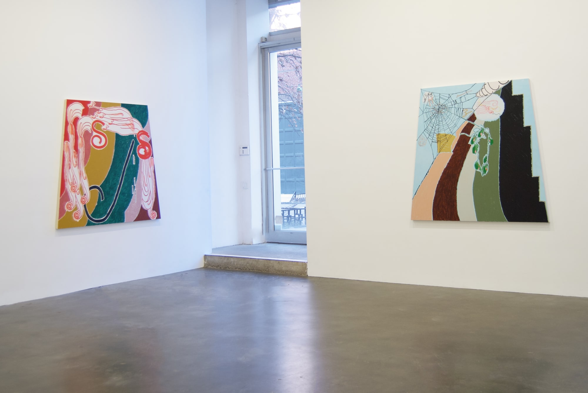 Installation view of Susan Inglett Gallery with two trapezoidal paintings by Allison Miller hanging on the walls