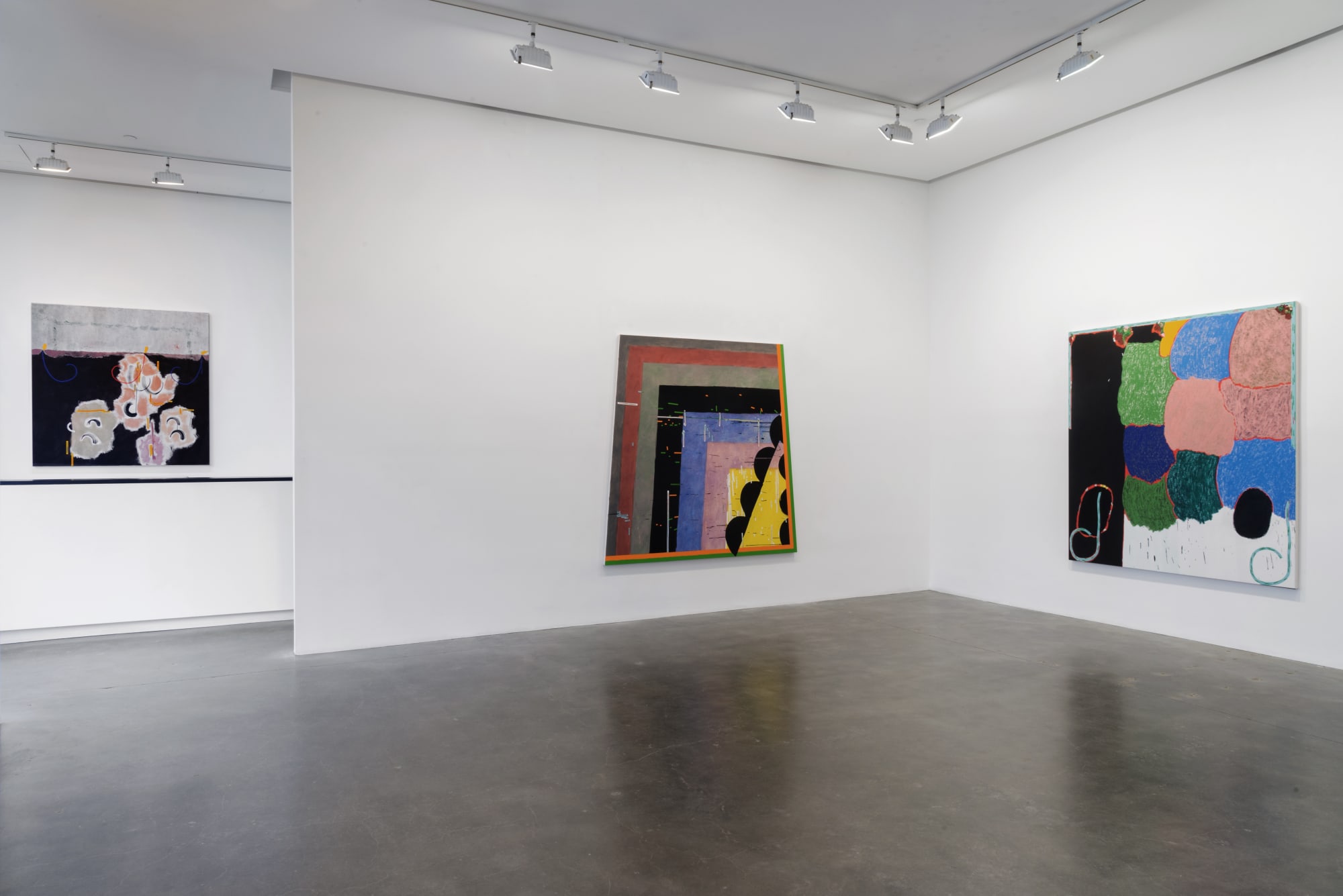 Installation view of three Allison Miller paintings exhibited at Susan Inglett Gallery