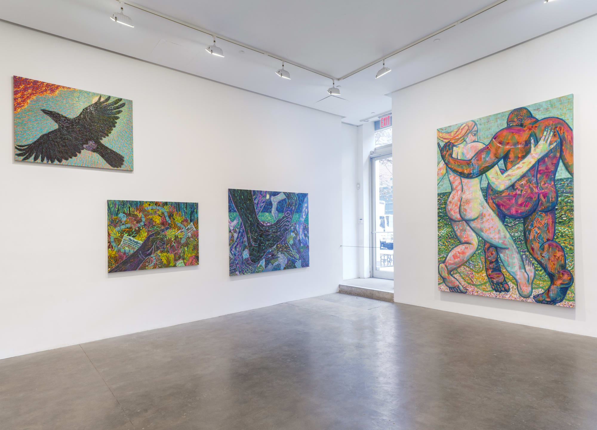 Installation view of four Benjamin Degen paintings exhibited at Susan Inglett Gallery