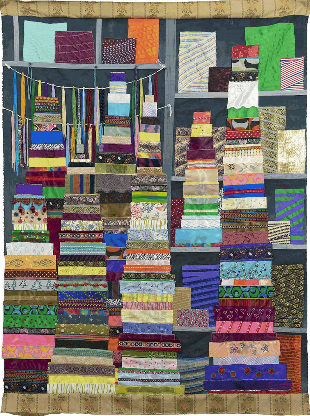 Fabric quilt that depicts a ribbon store in South Korea