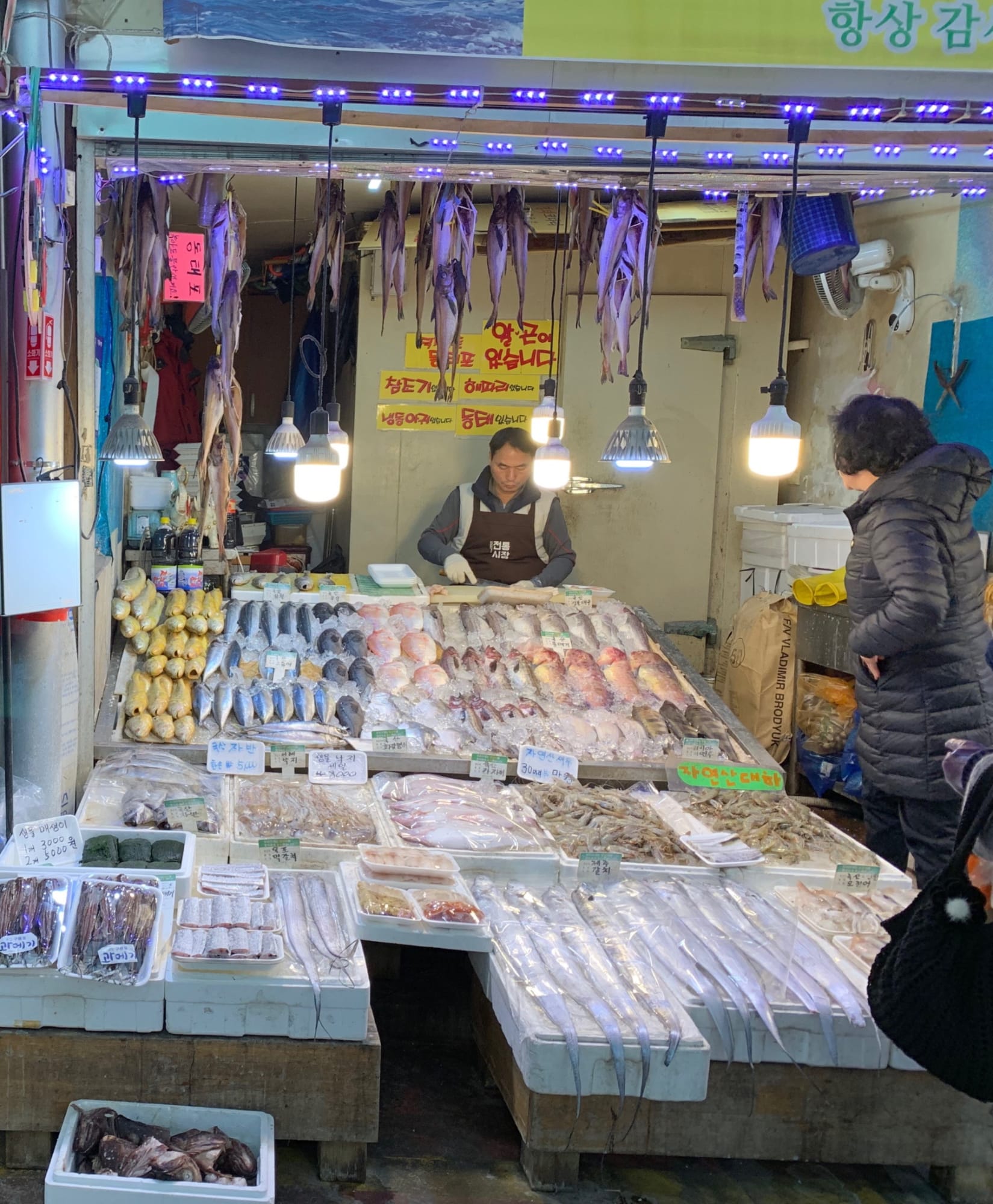 Photograph of a South Korean market stall selling fish