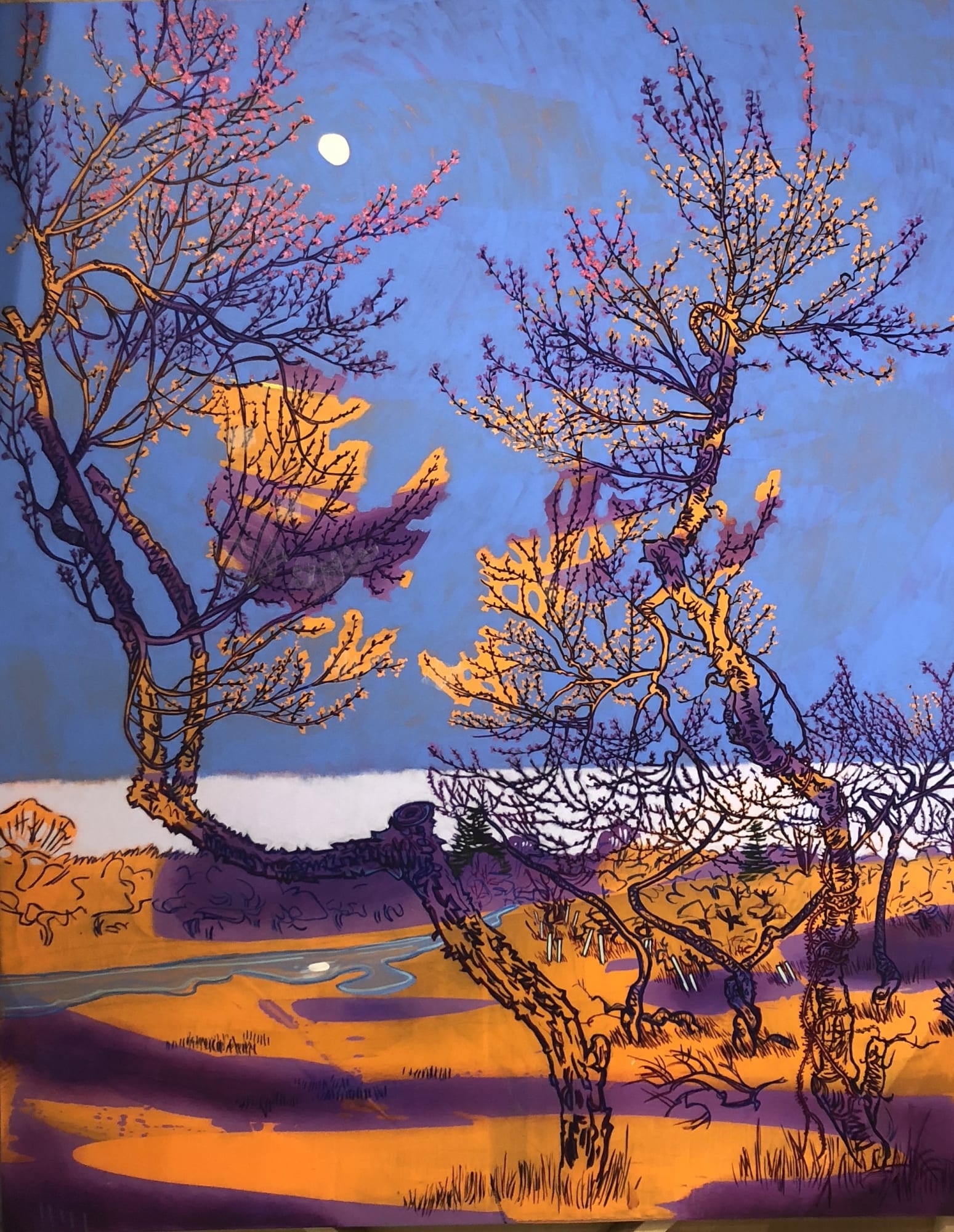 An in progress painting of plum trees and the moon