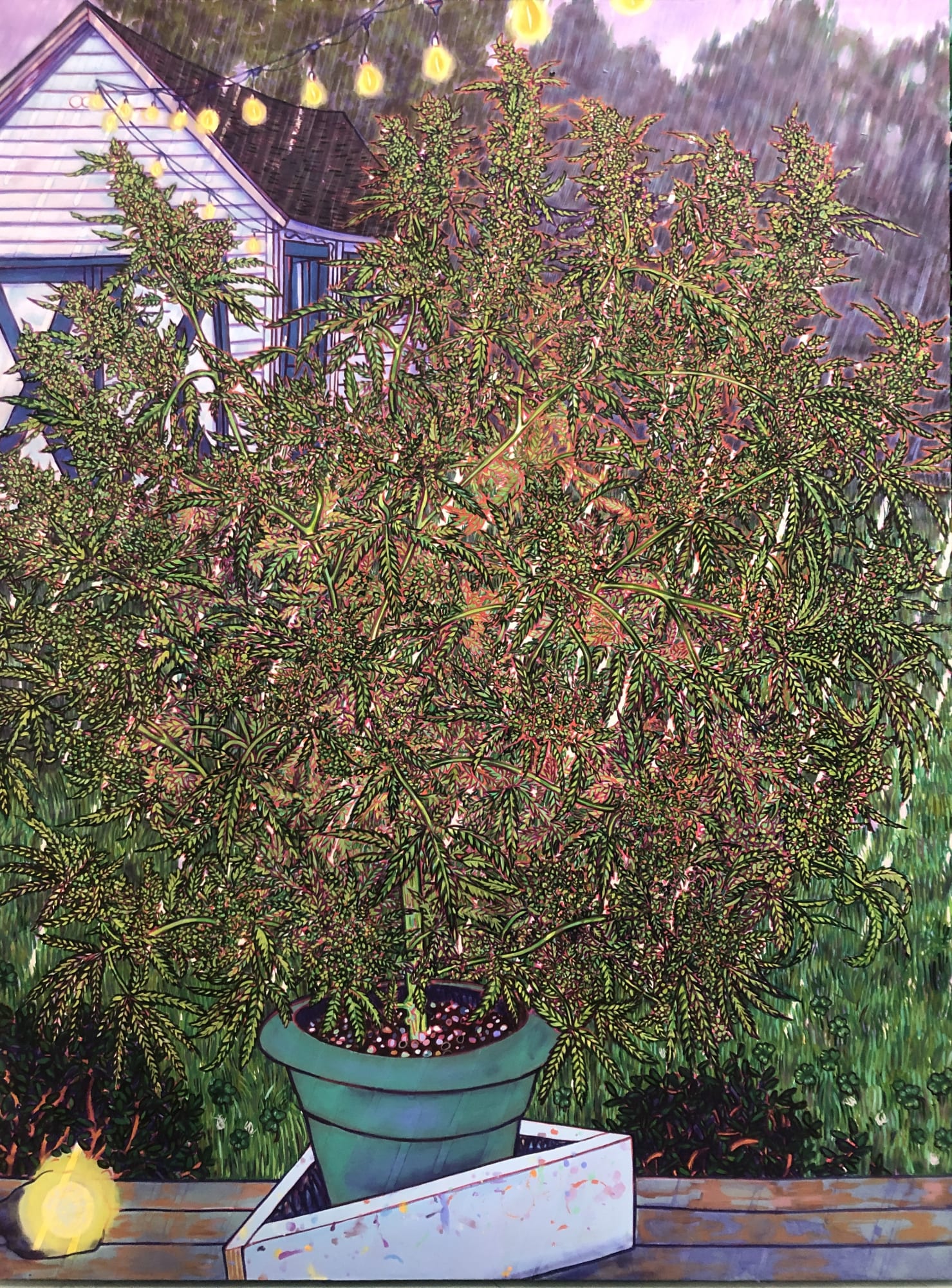 In progress painting of a lush weed plant on a windowsill with large raindrops 